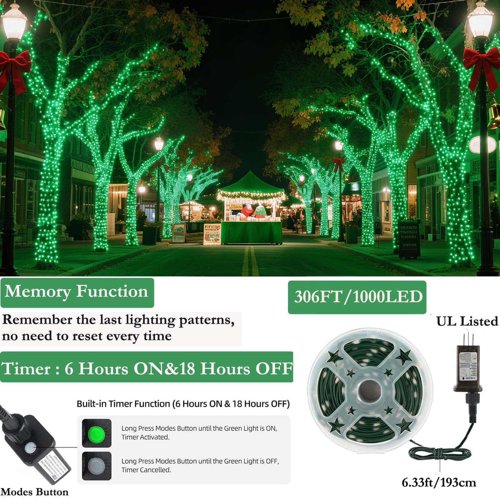 Tcamp 306FT 1000 LED Green Christmas Lights, 8 Modes with Timer, Green Wire Starry Fairy Light, Model QL300AE