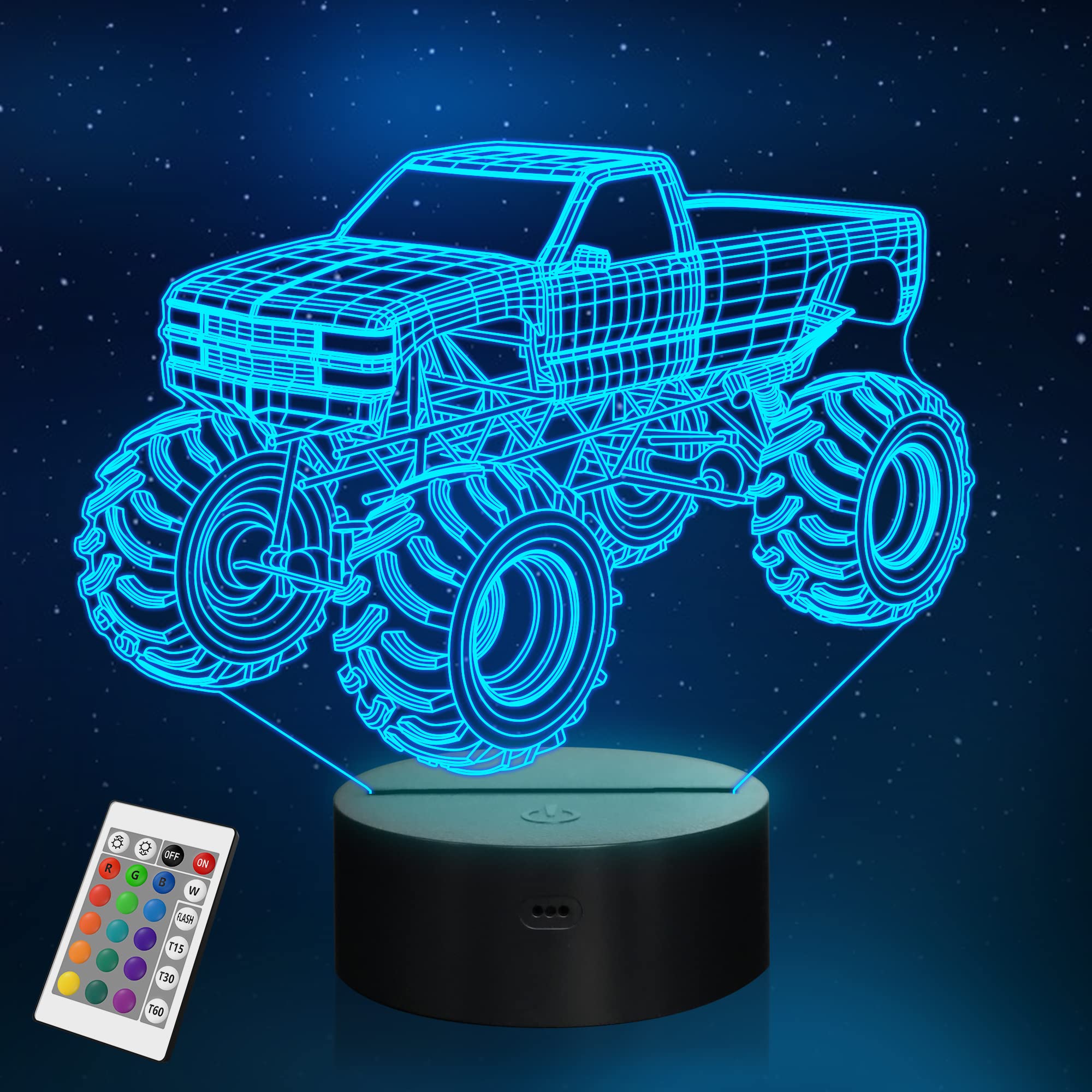 YuanDian 3D Night Light, Monster Truck Design, 16 Color LED, Acrylic Table Lamp, Kids Bedroom Decoration, Model FS-2810-9999, Multicolor