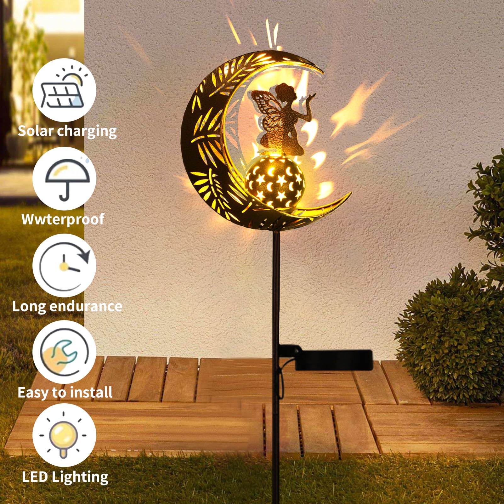 ZKLiLi Garden Solar Pathway Lights with Moon Fairy Decor, Waterproof Outdoor Lighting for Walkway, Yard, Patio, Colourful, Model ZKLILI-01
