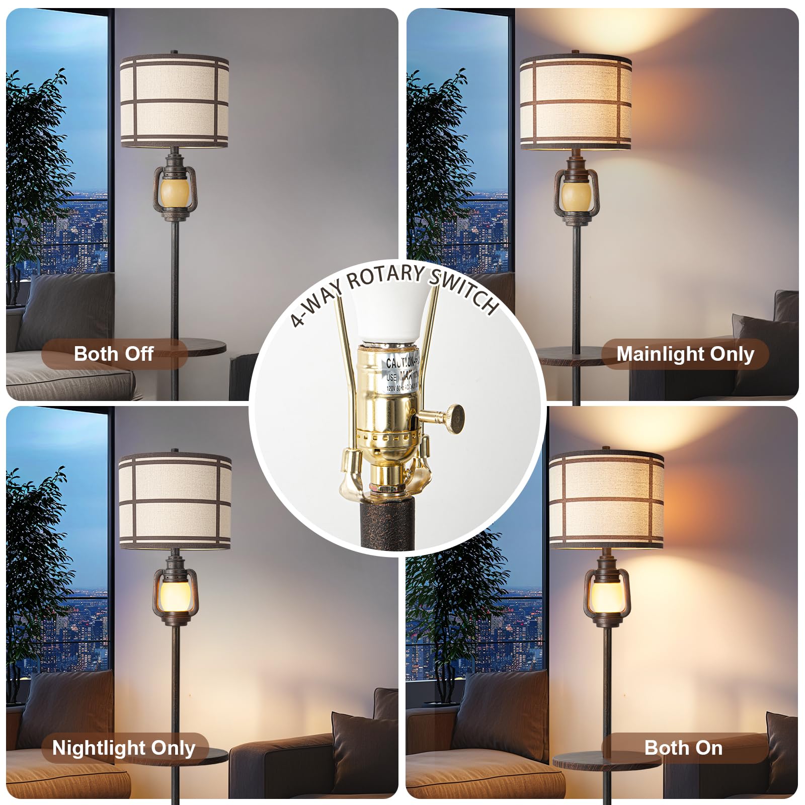 Rustic Farmhouse Metal Tray Floor Lamp For Living Room With Nightlight Vintage Tall Lamp With Linen Fabric Shade Industrial Stan