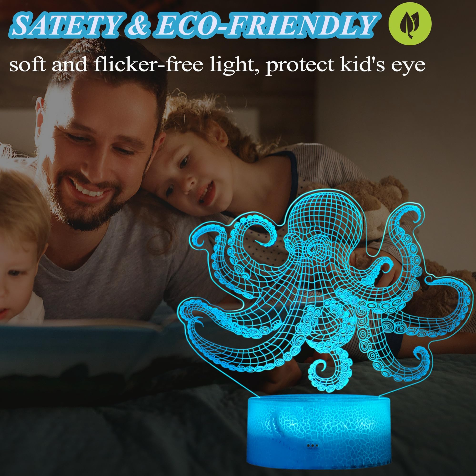 Posshe Octopus Night Light, 3D Illusion Night Light Lamp, Octopus Stuff With 16 Colors Changing, Remote Control And Dimmable, Ki
