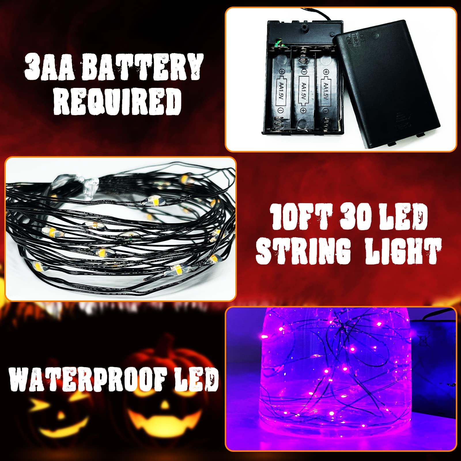 Turnmeon 3 Set Halloween String Lights With Timer, Purple Battery Powered Copper Wire Fairy Lights, Halloween Decoration Outside Yard Party Home Indoor Outdoor, 10 Ft 30 Led Each