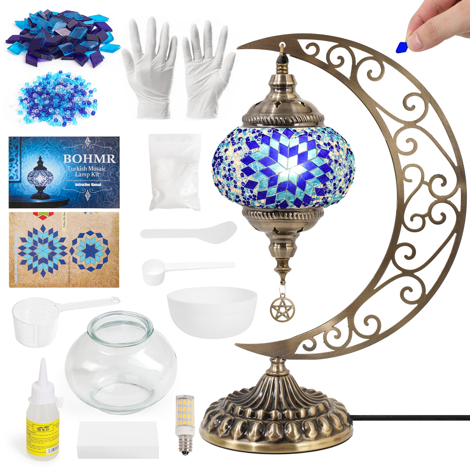 BOHMR DIY Turkish Mosaic Lamp Kit  Moon Stained Glass Lamp Making Kit- Easy Fun No Experience Needed  Mosaic Art & Craft Project Kits for For Mature Userss & Teens  Make Your Own Table Lamp Christmas Gift Blue