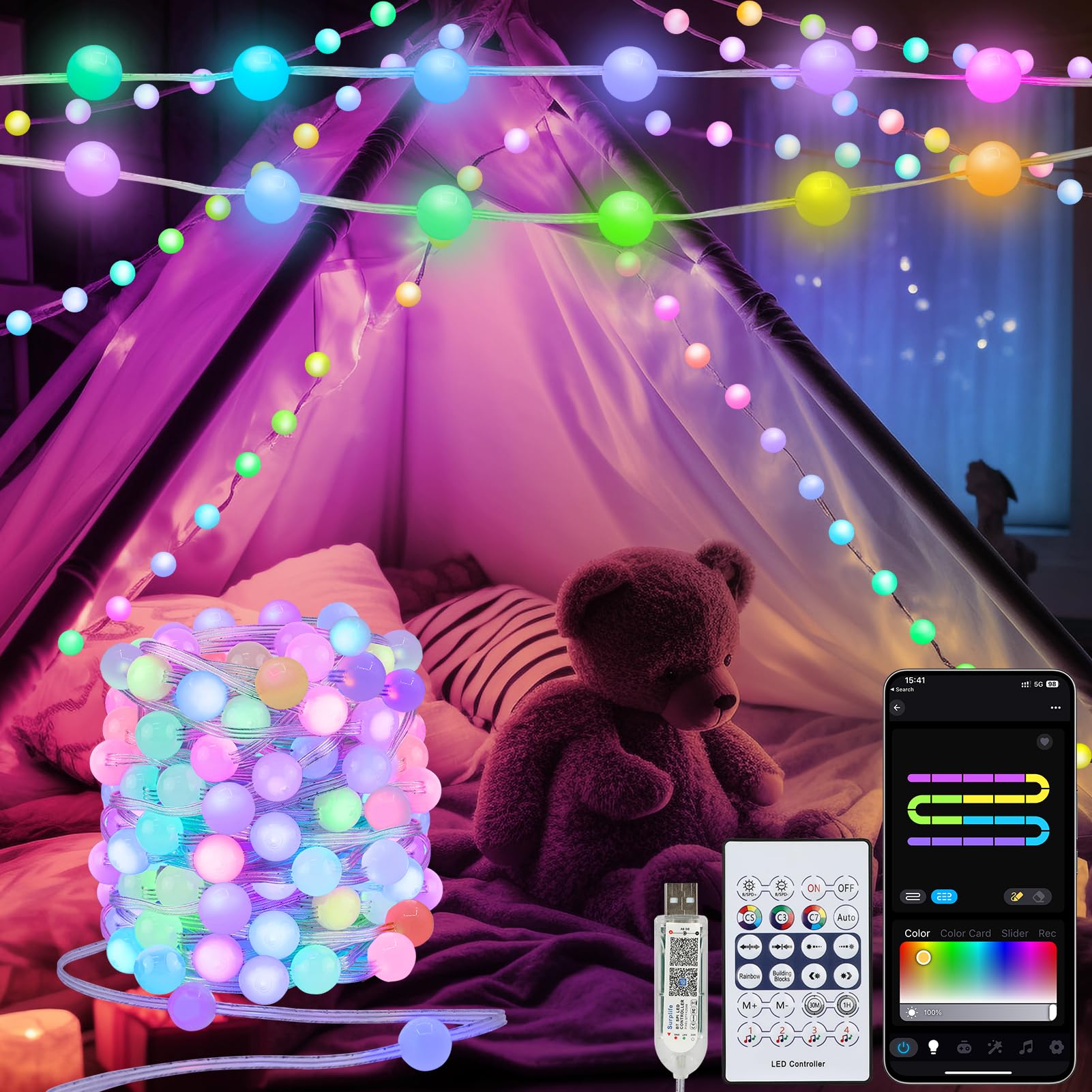 Smart Color Changing Globe String Lights, 33Ft 16 Million Colored Fairy Lights APP & Remote Control DIY Music Sync Pink Twinkle Lights for Bedroom Classroom Valentine's Day Decor
