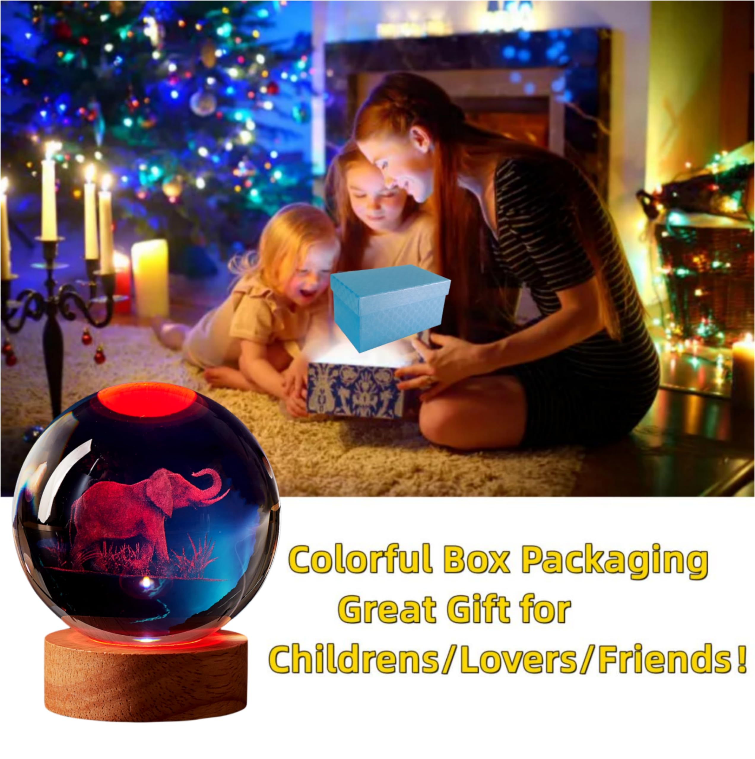 3D Elephant Crystal Ball Lamp, Upgraded 3.15 Inch Elephant Crystal Ball Night Light With 16 Colors Led Wooden Base, Remote Contr