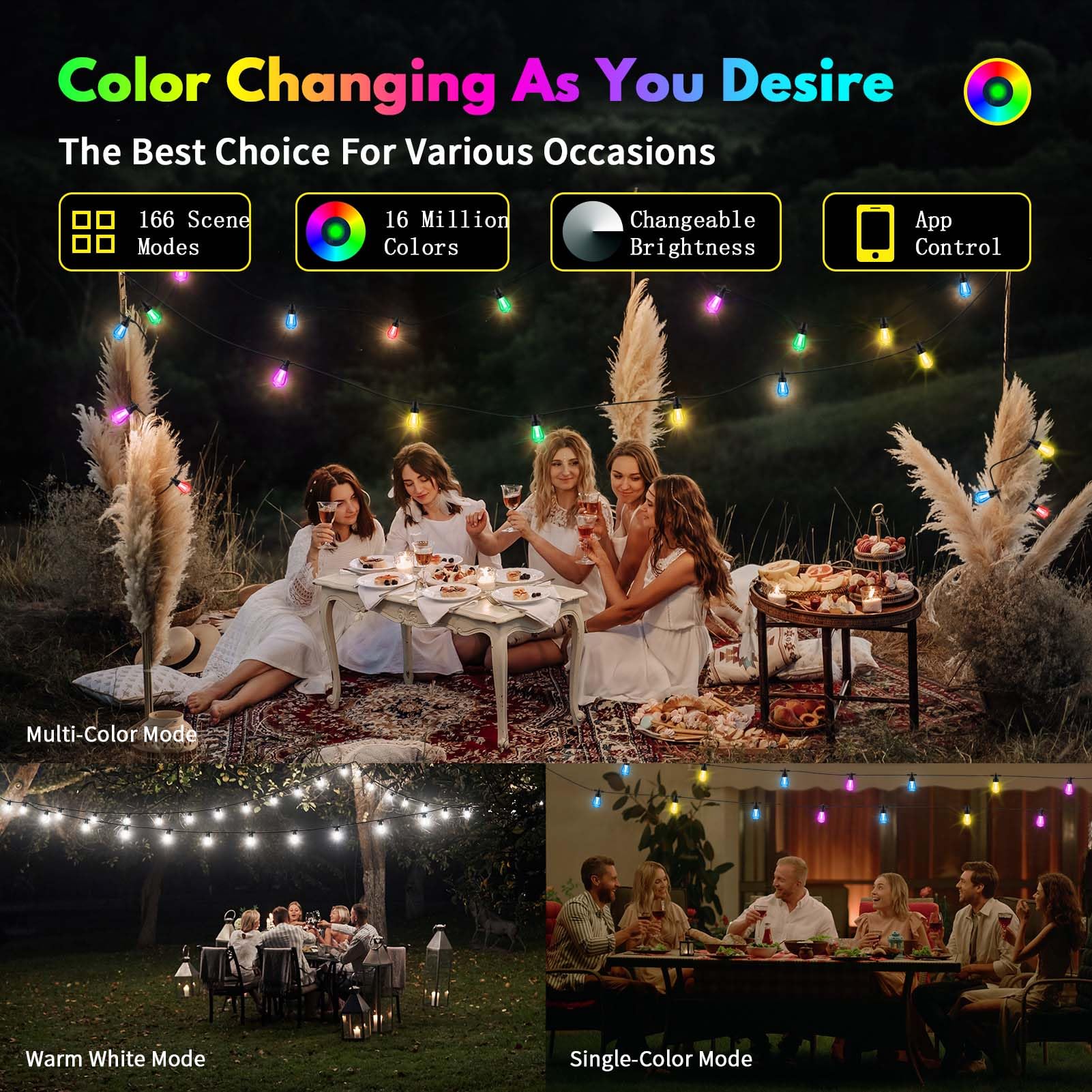 YAIYAN Outdoor String Lights - 50ft Color Changing, Waterproof, 20 Dimmable RGBW Bulbs, Remote & App Control, Shatterproof, Multicolor