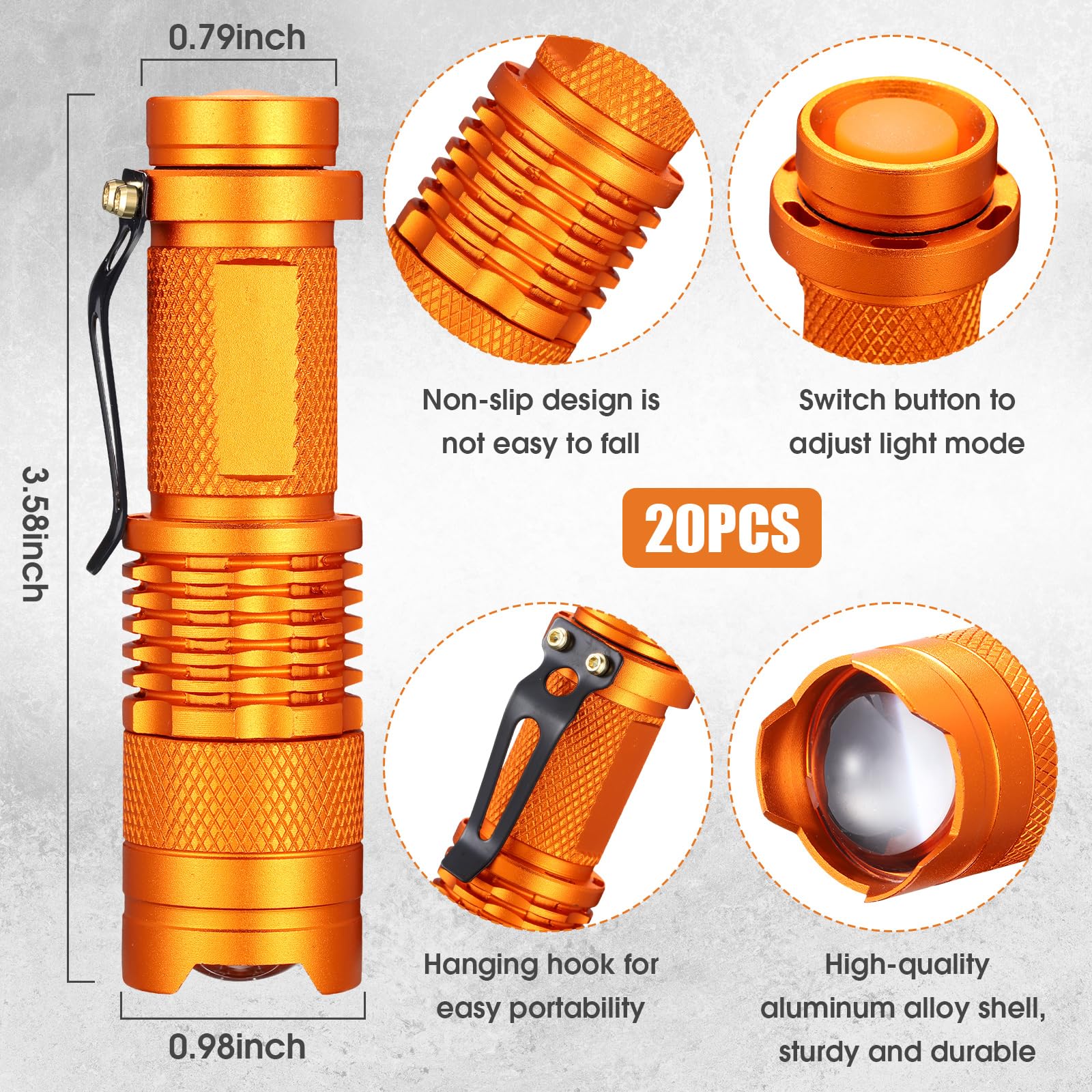 Fumete LED Flashlight Mini Tactical Torch, 3 Modes, Water Resistant, 3.58 x 0.98 inches, Orange, Aluminum Alloy