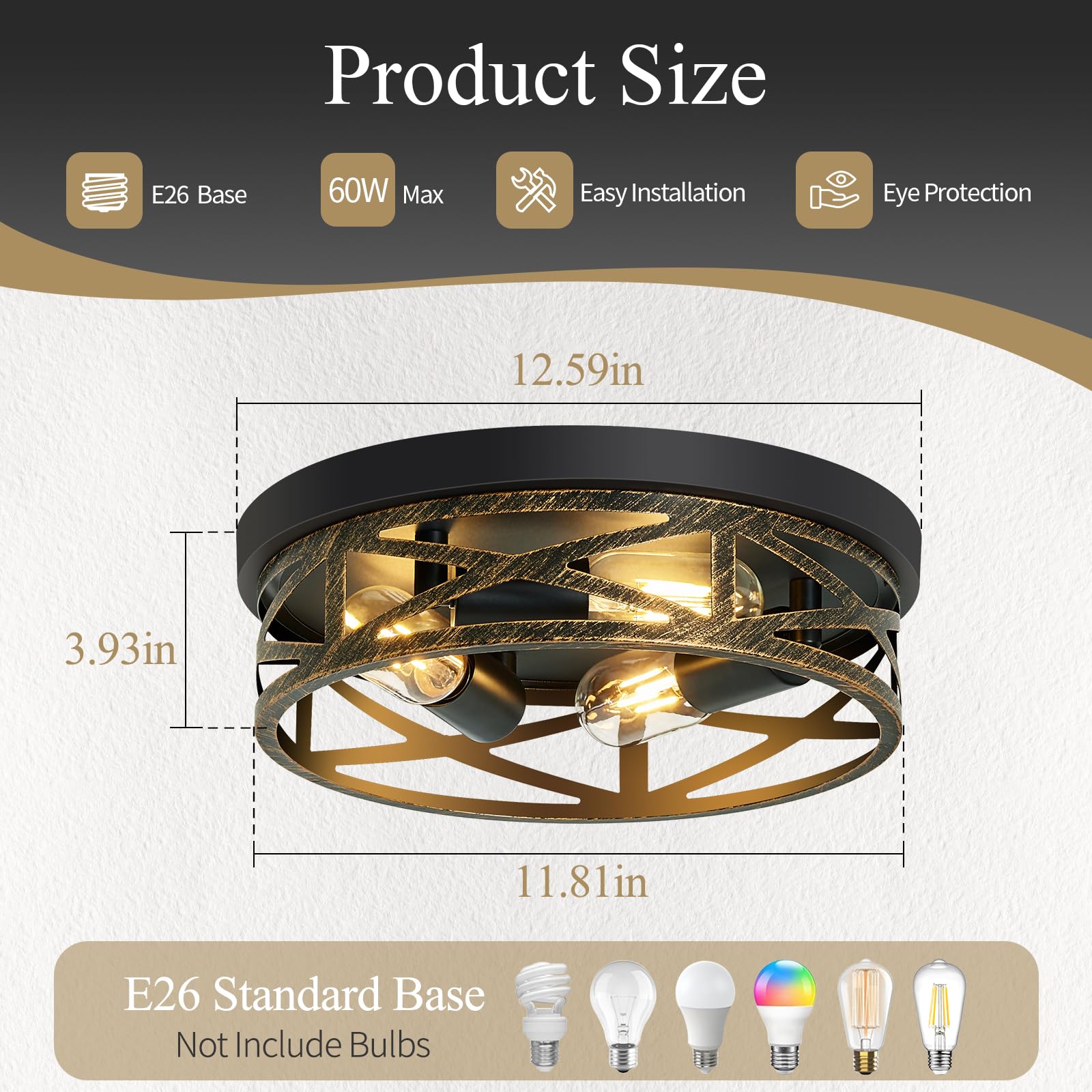 Skejao Flush Mount Ceiling Light Fixture,13 Inch Rustic Metal Black 3-Light Hallway Light Fixtures Ceiling,Vintage Light Fixture