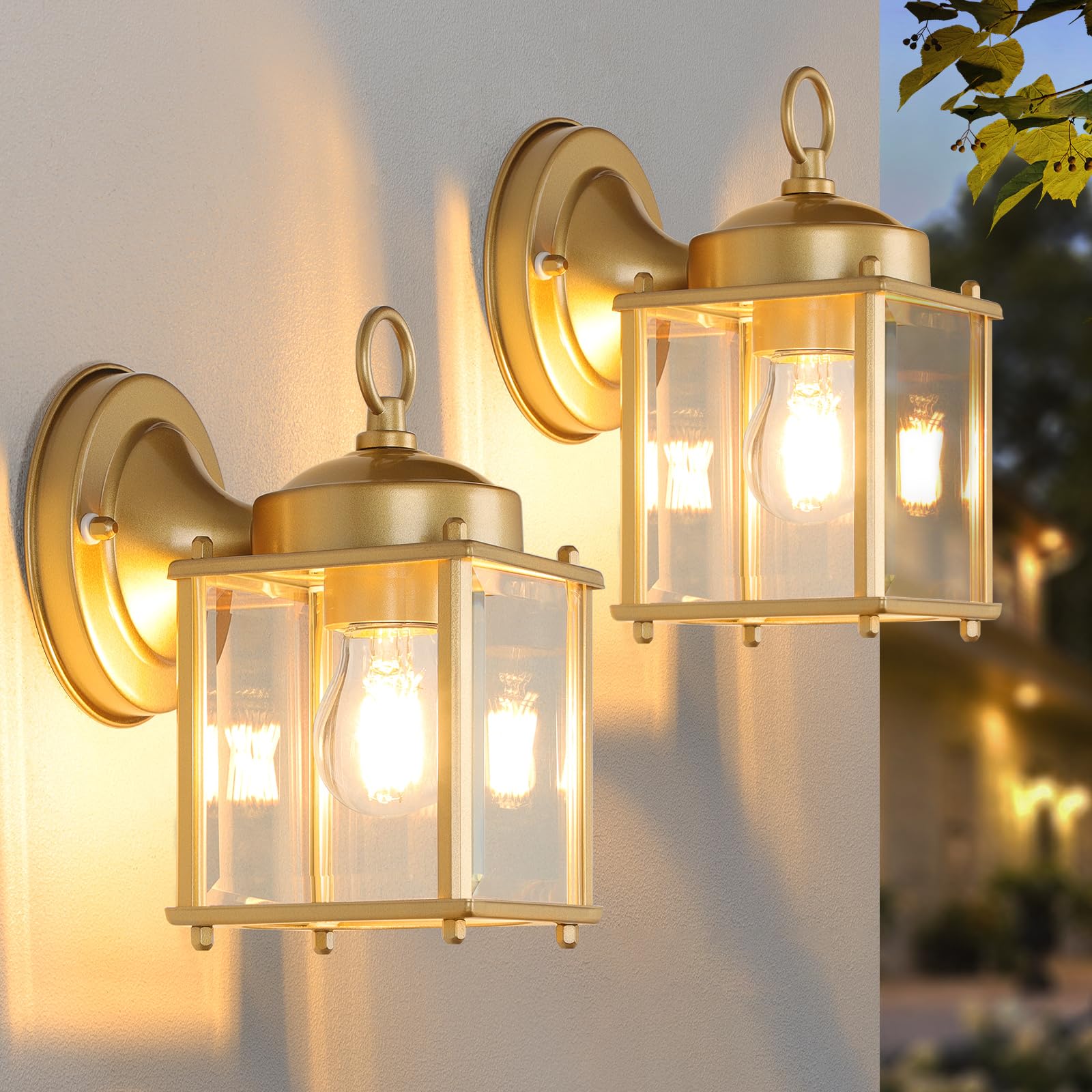 MATAMEYE Outdoor Wall Lantern, Exterior Waterproof Wall Sconce Light Fixtures, Gold Front Door Wall Lighting with Clear Beveled 