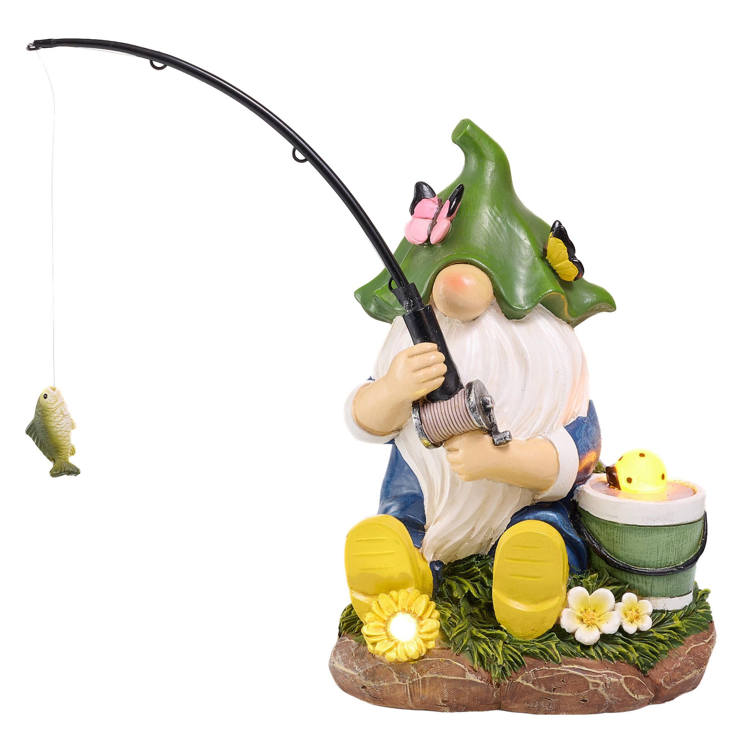 TERESAS COLLECTIONS Resin Outdoor Statue with Solar Outdoor Lights for Garden Decor,Christmas Garden Gnome Fishing for Outside