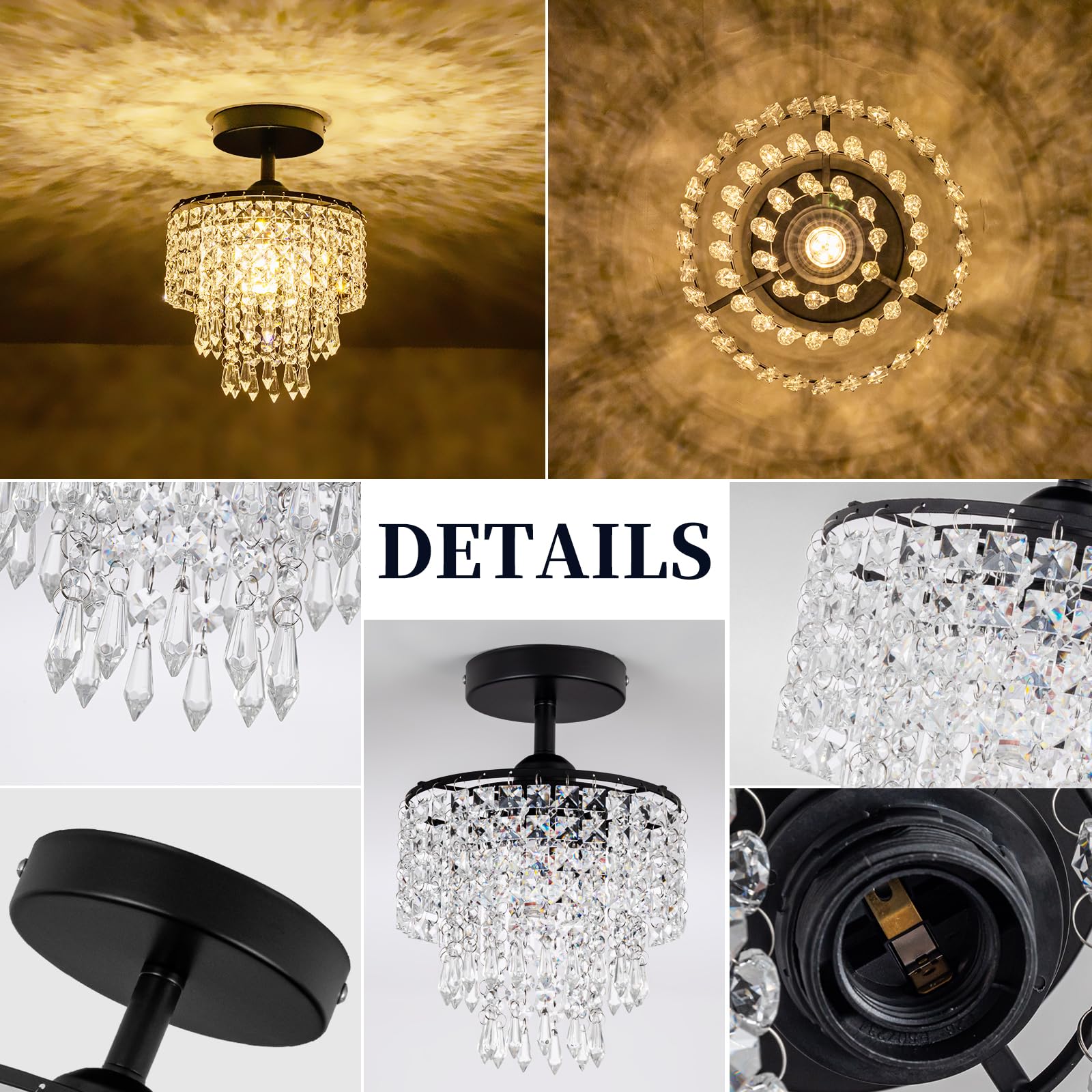 Hongnuofc 8'' Black Chandelier 3-Tier Crystal Raindrop Flush Mount Ceiling Light Fixture Mini Chandelier Light For Bedroom Kitch