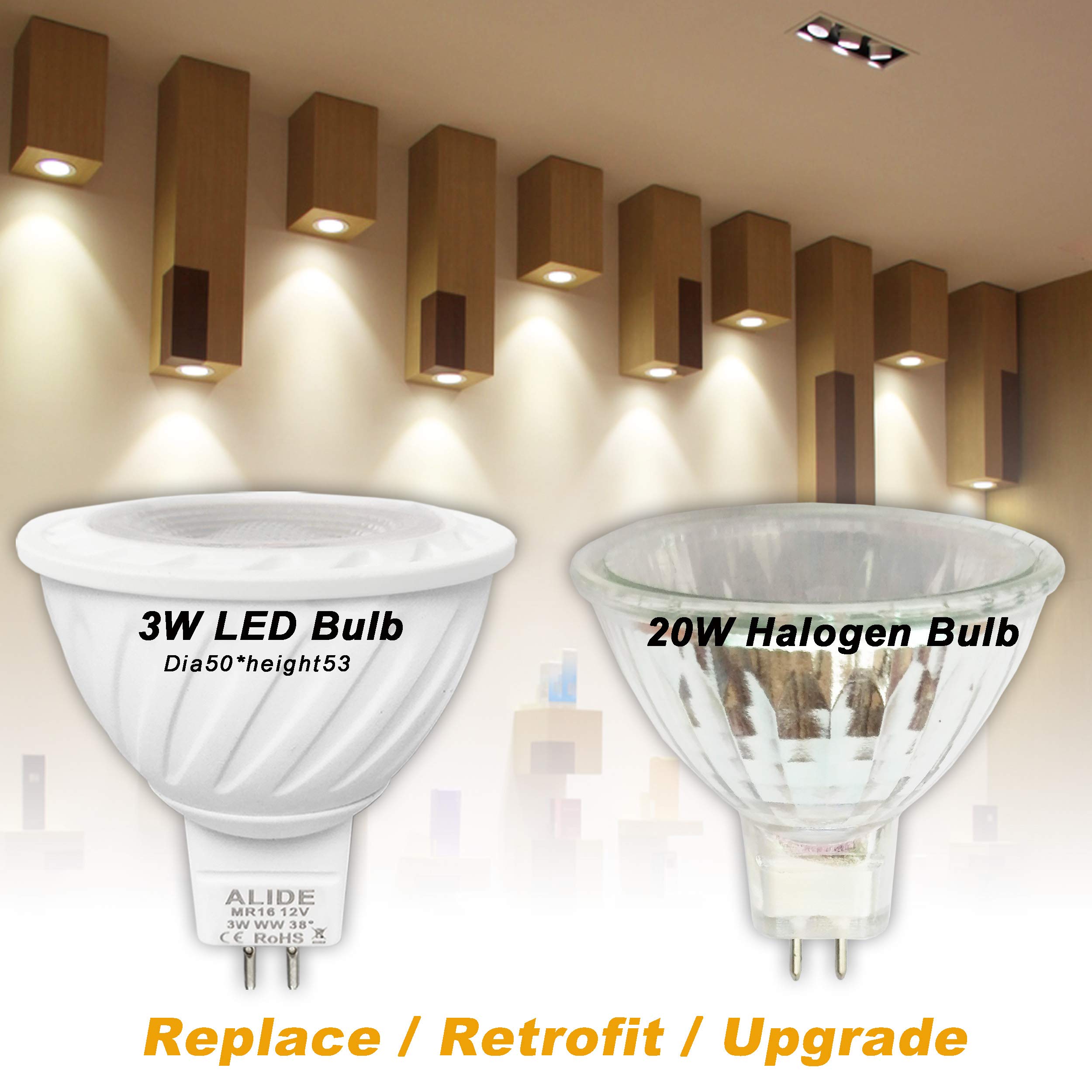 ALIDE MR16 3W LED Bulbs, 20W Halogen Equivalent, 2700K Soft Warm White, 6 Pack, Non-Dimmable, 12V GU5.