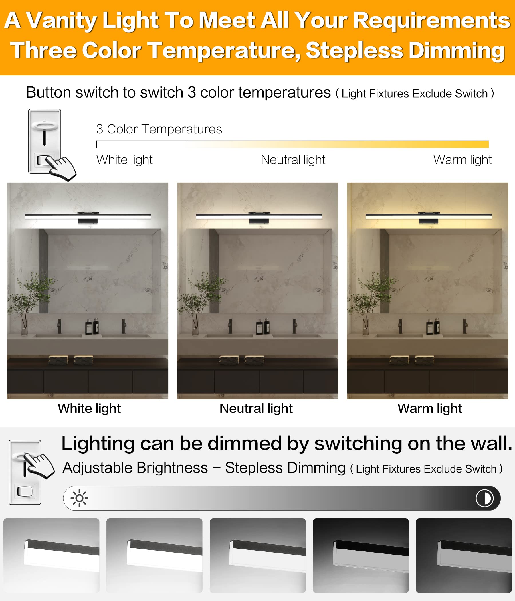 SOLFART 47in Dimmable LED Vanity Light, 3 Color Temperatures, Matt Black, Aluminum & Acrylic