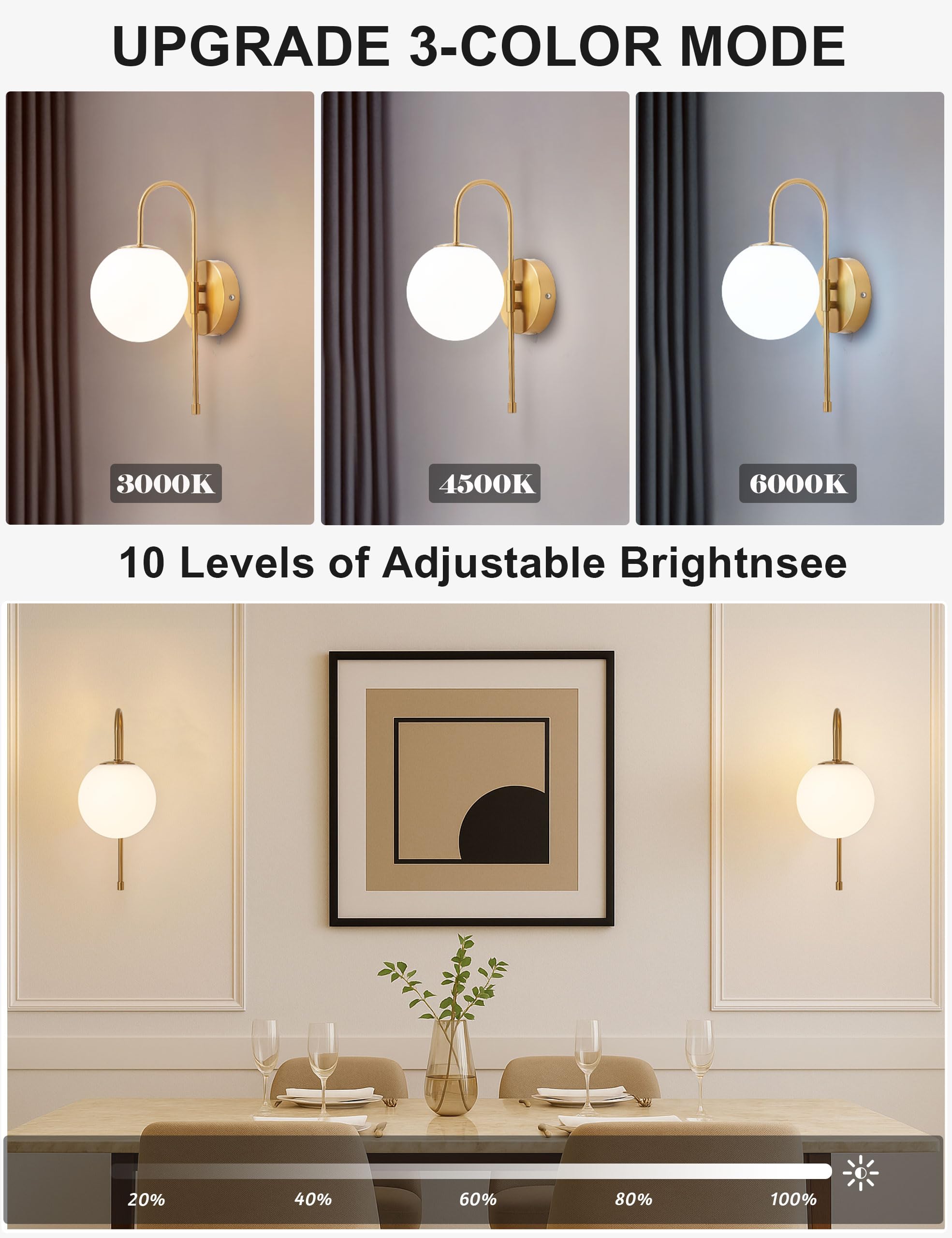 MSTETO Battery Operated Wall Sconces Set of 2, Wireless Gold Glass Lights with Remote, Rechargeable Dimming Gooseneck for Bedroom & Living Room