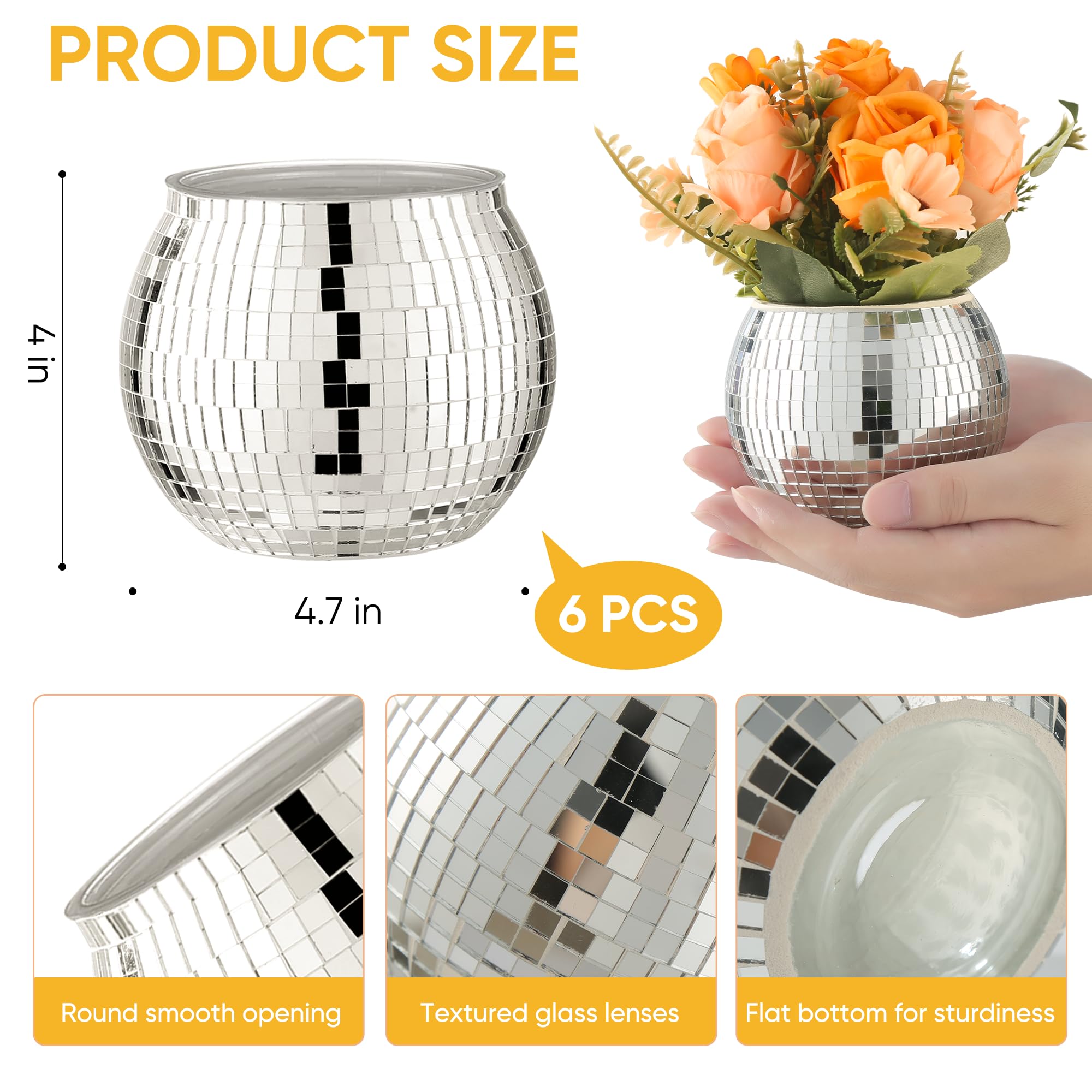 RGBDOT Disco Ball Vase - Silver Mirror Glass Flower Planter - 4in X 4.7in - 6 Pcs for Wedding, Birthday, Party Decor
