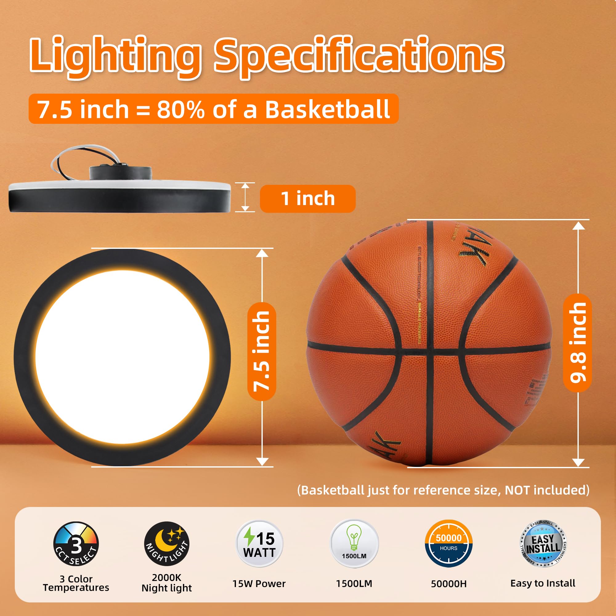 Hlite LED Ceiling Light, 7.5 Inch, Dimmable, CRI90, 15W, 1500 LM, 3000K/4000K/5000K