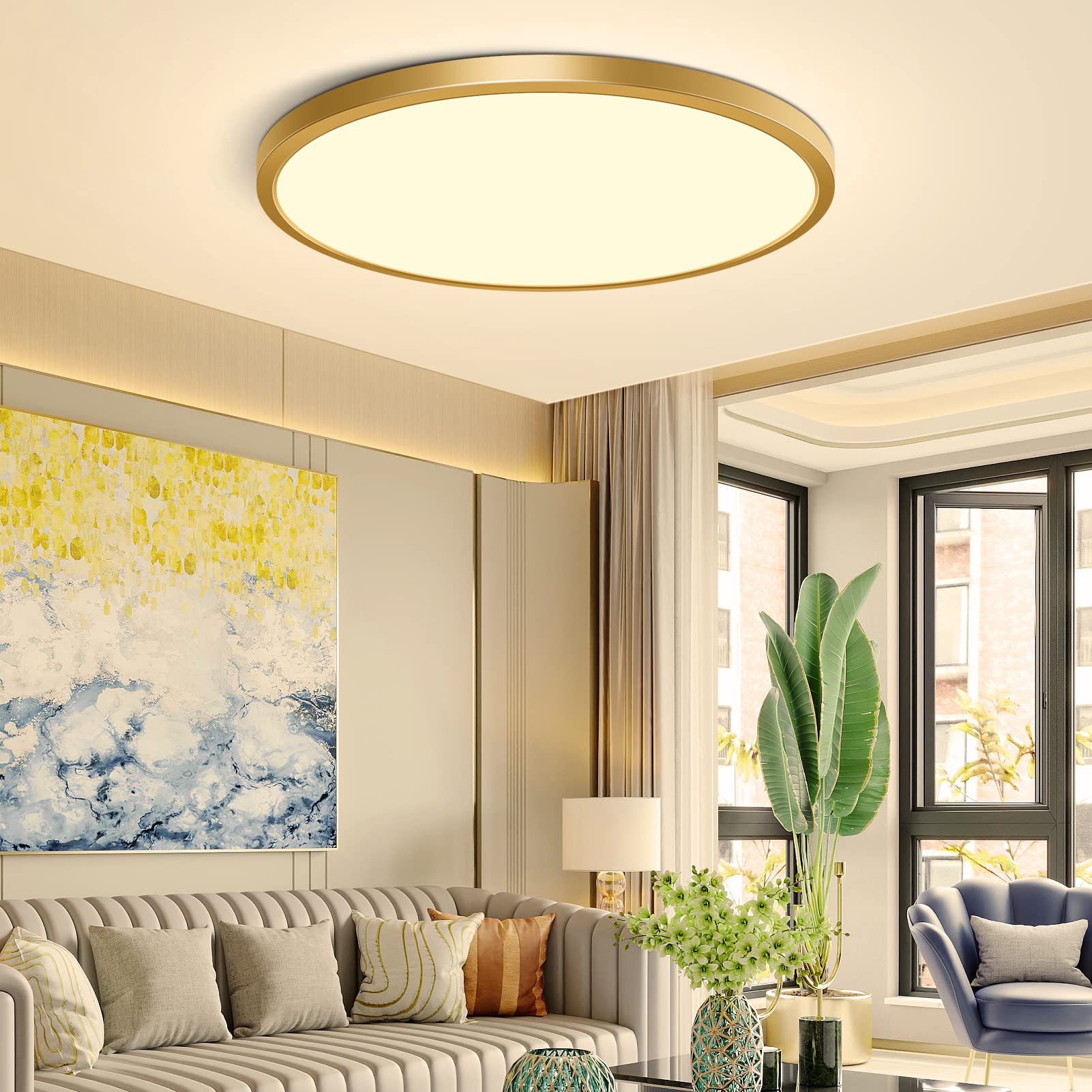 12Inch LED Ceiling Light Fixture Flush Mount  24W(240W Equivalent)  3200LM  3000K Warm White  IP40  Flat Modern Round Ceiling Light for Bedrooms  Living Rooms  Bathrooms  Stairwells  etc.(Gold)