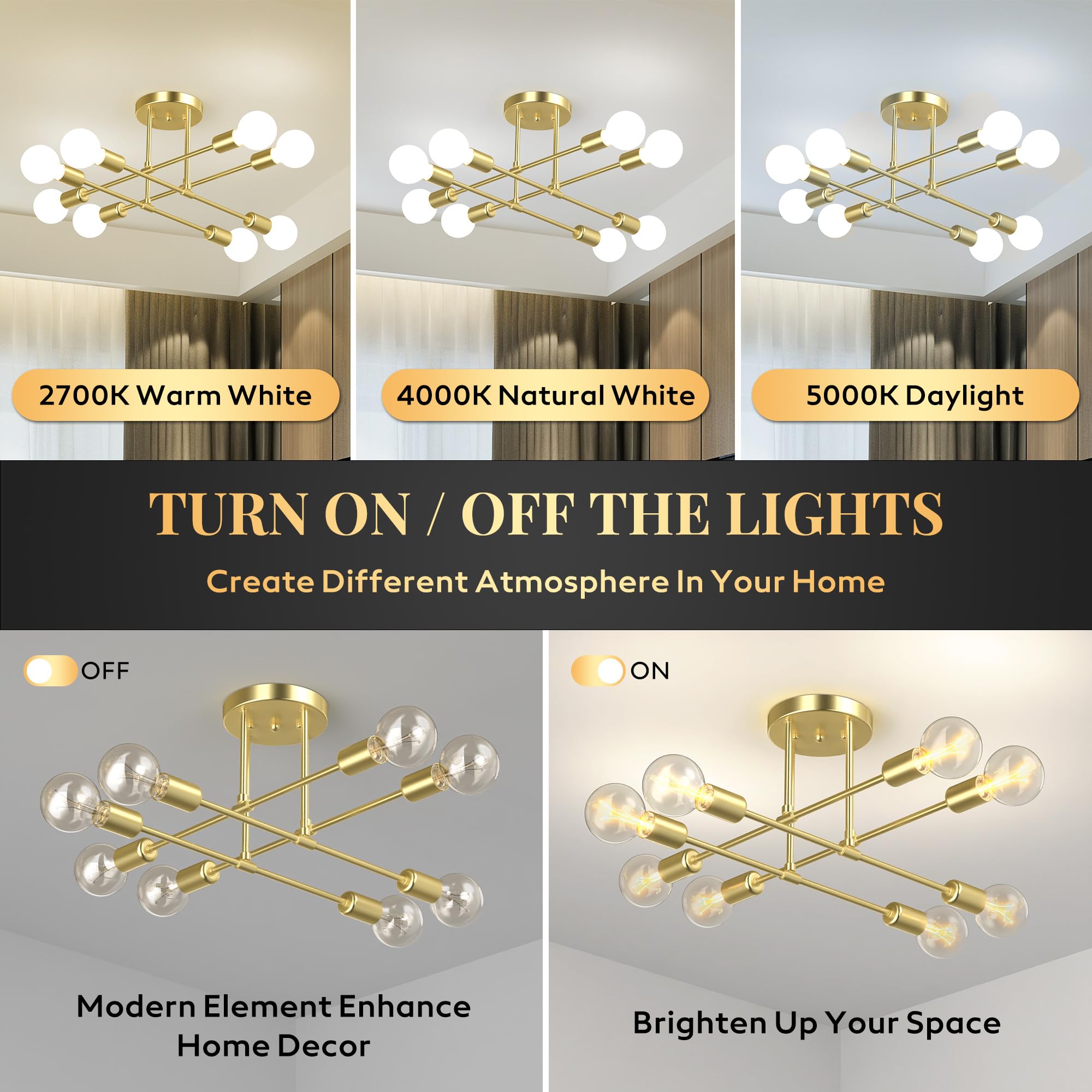 Phaosio Modern Sputnik Chandelier, 8-Light Metal Semi Flush Mount, Gold, Model POSI08