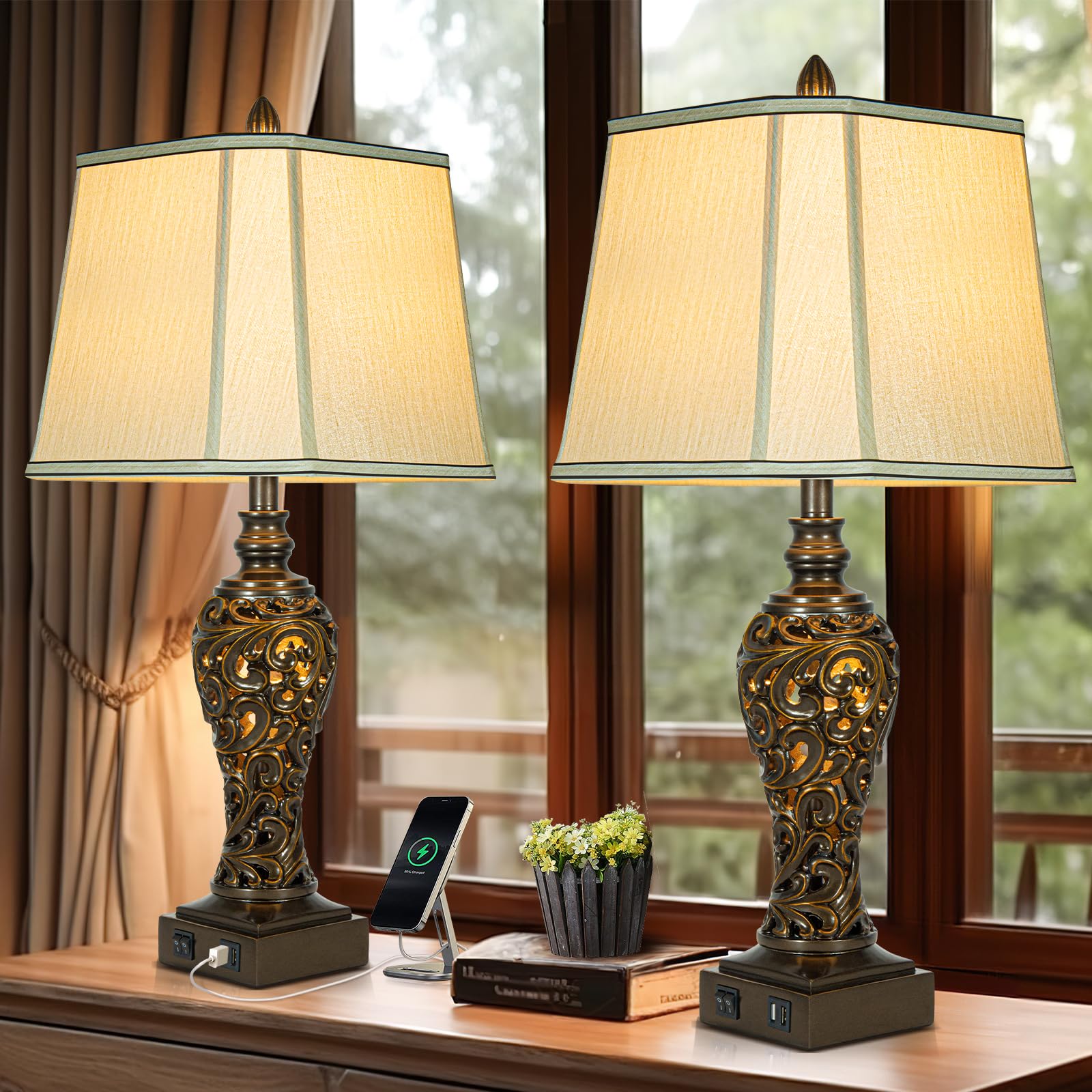 28.5'' high Vintage Brown Table Lamps Set of 2 - Bedside Lamp with Faux Silk Shades - for Bedroom and Living Room with USB and N