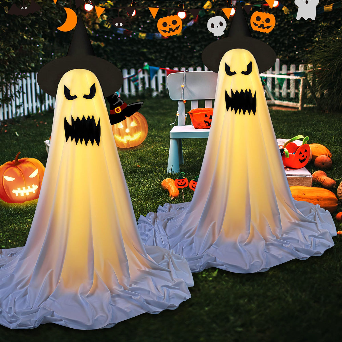 Aoligrace 2 Packs Halloween Decorations Outdoor Indoor, Spooky Ghost Halloween Decor With String Lights/Witch Hat, Holiday Party