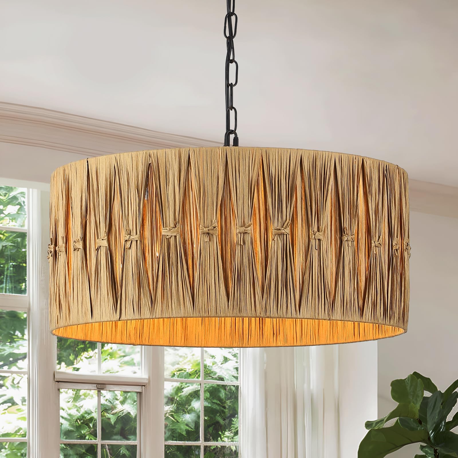 Karjearl 5-Light Boho Chandelier Light Fixture, 19'' Large Raffia Drum Chandelier Hand Woven Coastal Pendant Light for Dining Ro