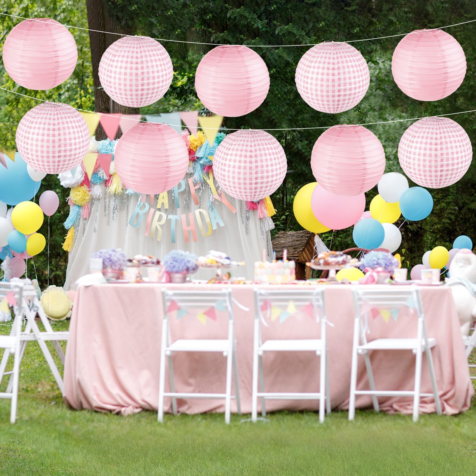 6Pcs Pink Gingham Party Decoration Pink Paper Lanterns Pink And White Checkered Plaid Hanging Lanterns For Wedding Birthday Part