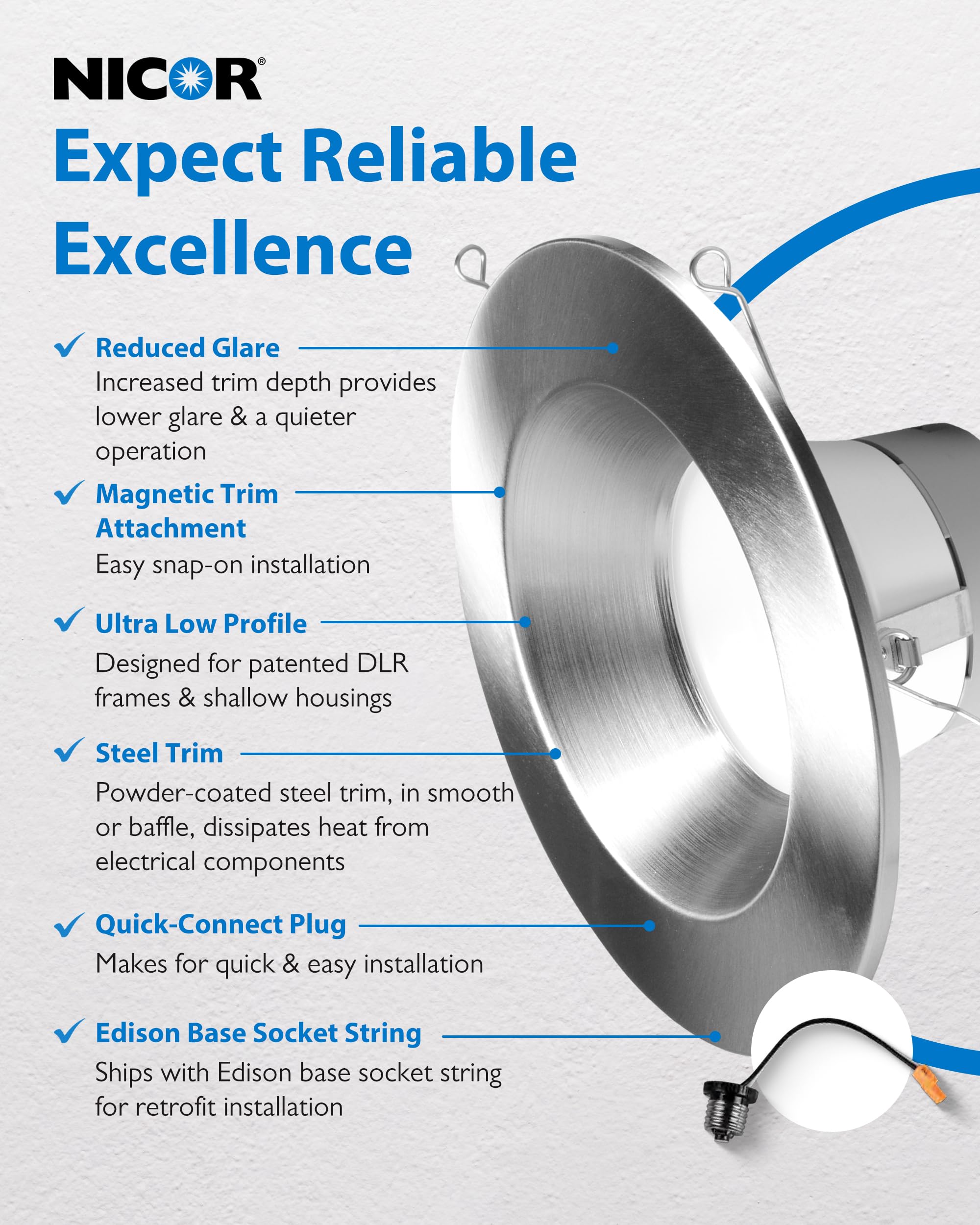 Nicor LED Recessed Ceiling Light, 5/6 Inch, Selectable CCT 2700K-5000K, 918 Lumens, Nickel, Model DLR56609120