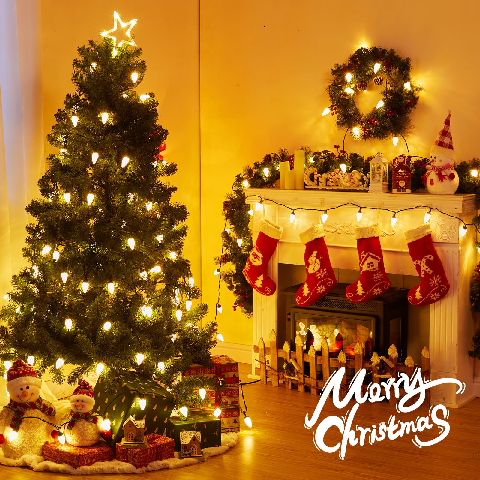 Minetom C9 LED Christmas Lights - 200 LED, 147 FT, Warm White, Waterproof, Timer & 8 Modes, Indoor/Outdoor Use, Model JT-EL/FC300V