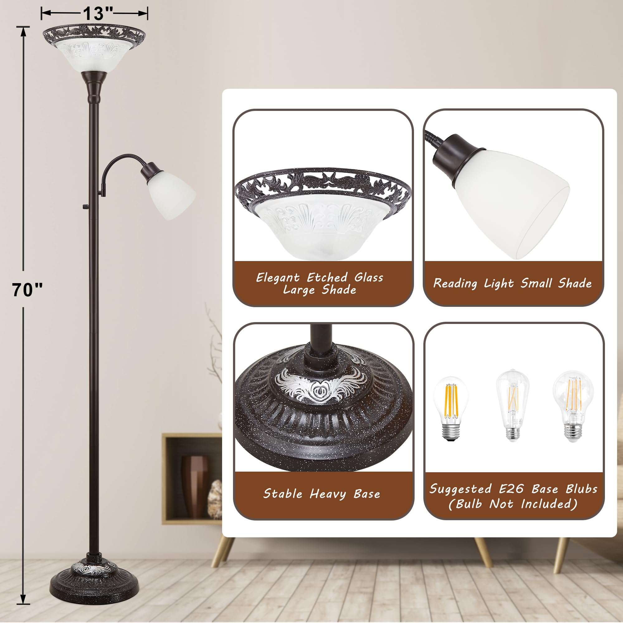 Luvkczc 70" Vintage Floor Lamp - Extra Tall Metal Standing Light for Living Room, Bedroom, Office - Brown, Model L-FL-31001B