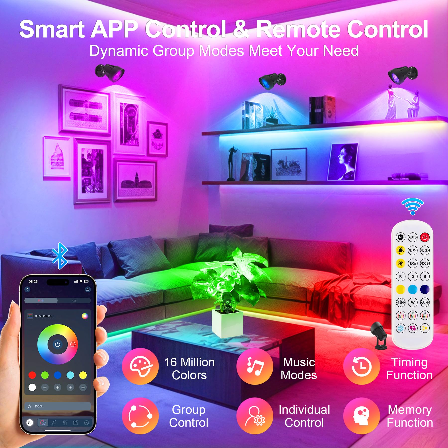 T-SUN RGBW Spotlights Set of 4 - App & Remote Control, Dimmable, Waterproof, Multicolor, Music Sync, Indoor Uplights for Home Decor