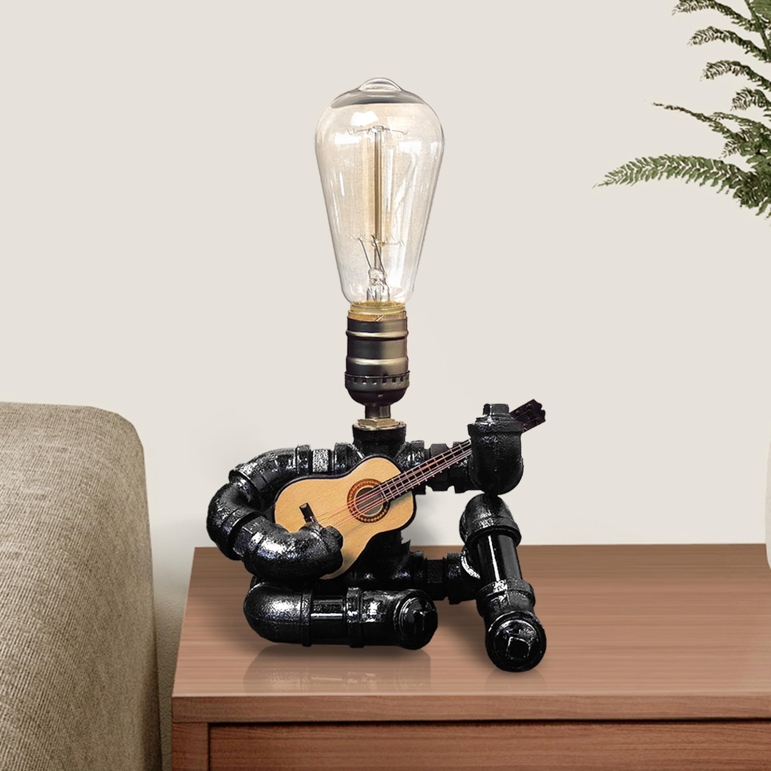 CHXTX Music Table Lamp - Retro Steampunk Edison Bulb, 11*6in Wood Decor for Music Lovers, Metal Guitar Lamp 01