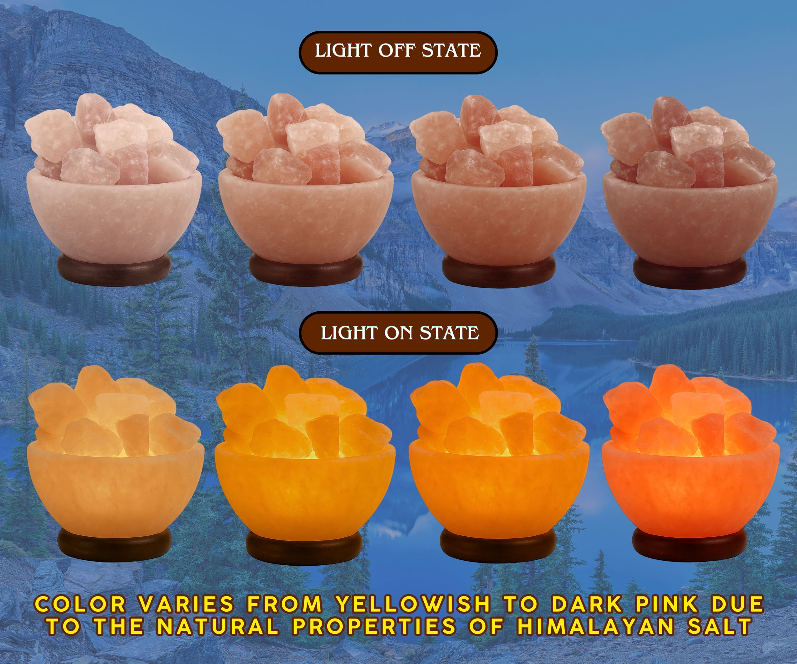 Spantik Himalayan Salt Lamp Bowl - Natural Crystal Chunks, Dimmer Cord, Classic Wood Base - Light Orange to Pink