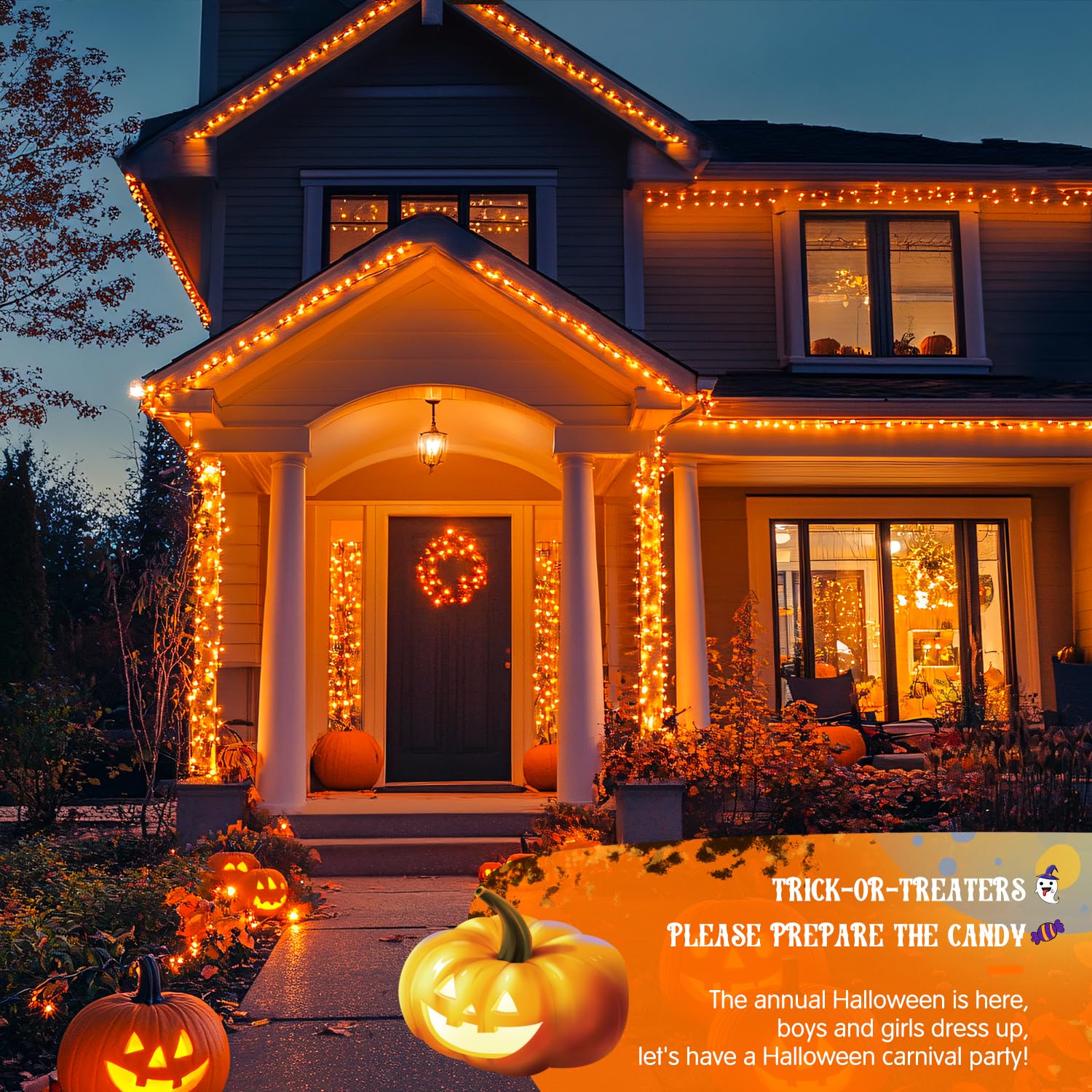 JMEXSUSS Solar Halloween Lights, 100 LED, 33ft, Waterproof, 8 Modes, Orange, Model EXS-S-0100, 2 Pack