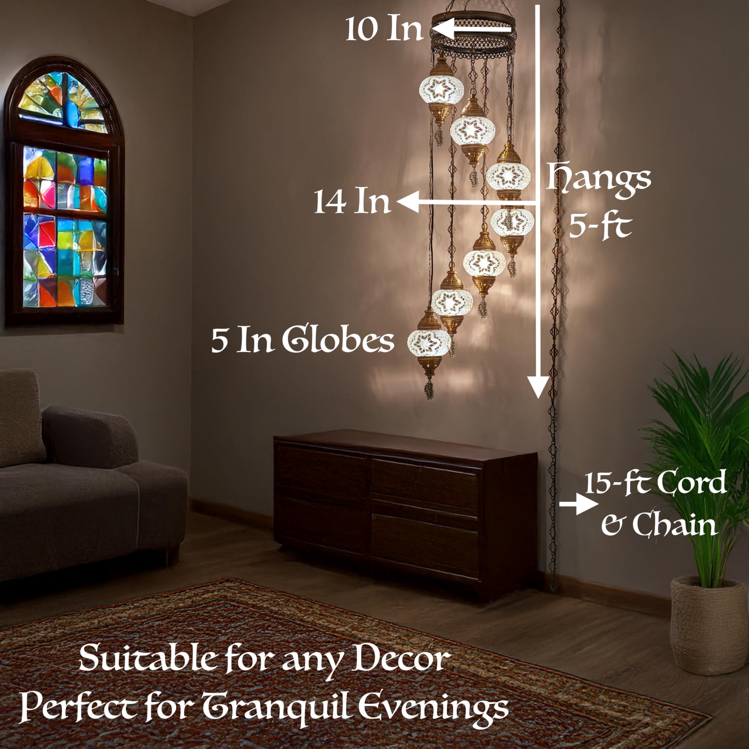DEMMEX 7-Globe Mosaic Chandelier, Tiffany Style Pendant Light, 59x14 Inches, Handmade, Multicolor, Model DEMMEX-Swag7