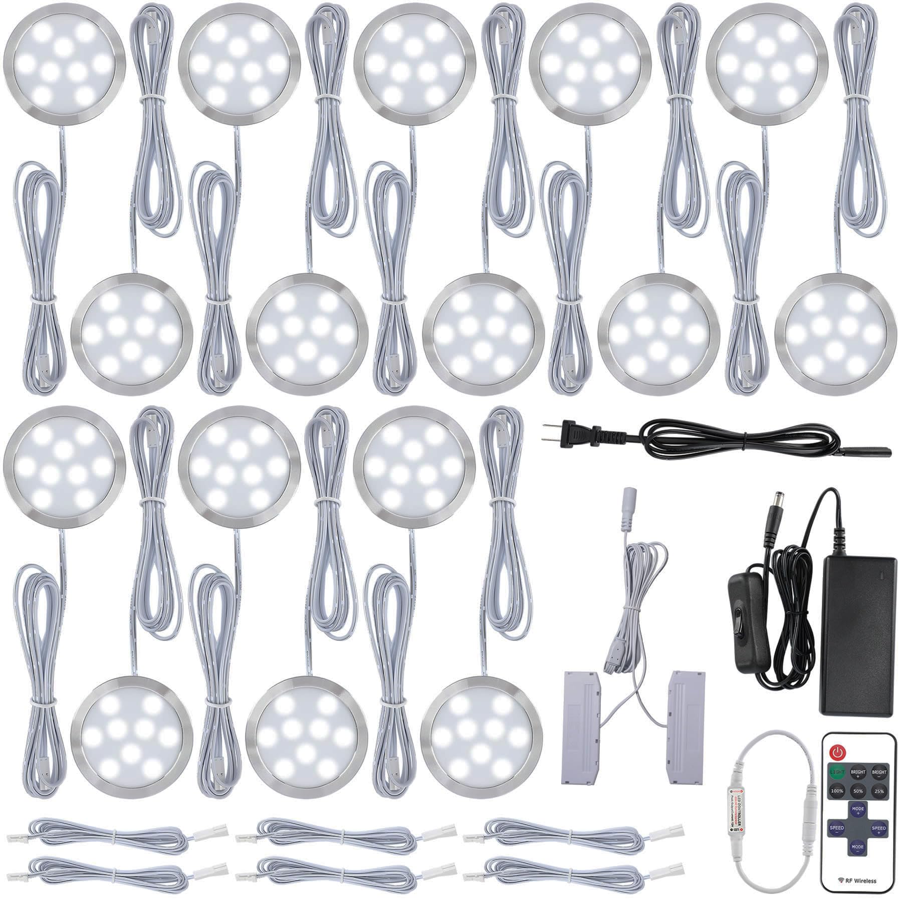 Meigour Under Cabinet LED Puck Lighting, Book Case Display Accent Lighting, Octopus Connection, 110VAC Wall Plug & Hard Wire, In