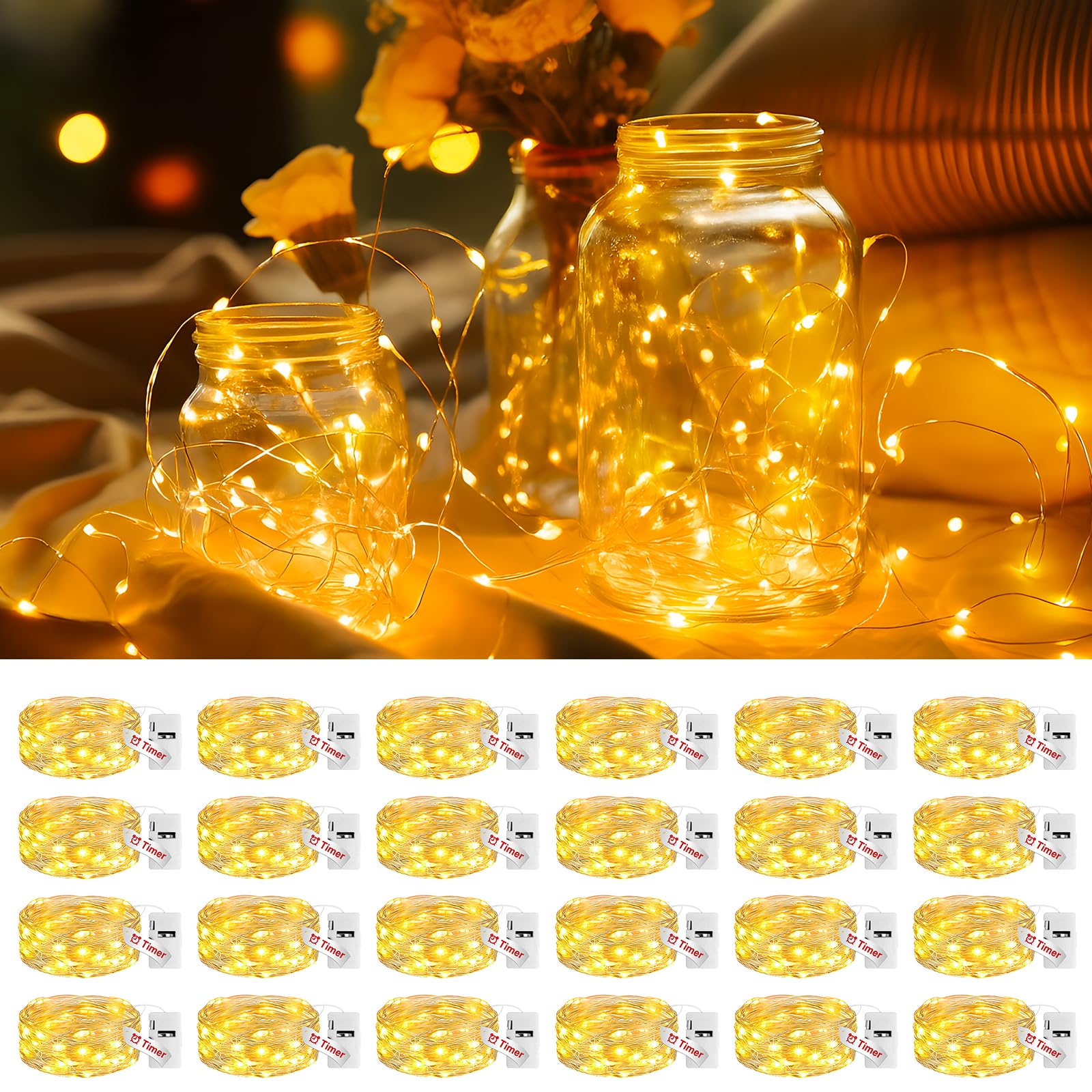 litogo 24 Pack Yellow Fairy Lights Battery Operated with Timer  20 LED 3 Modes Twinkle Light  7ft Waterproof Silver Wire Mini Small Bulk Mason Jar String Light  Decor for Wedding Party Christmas