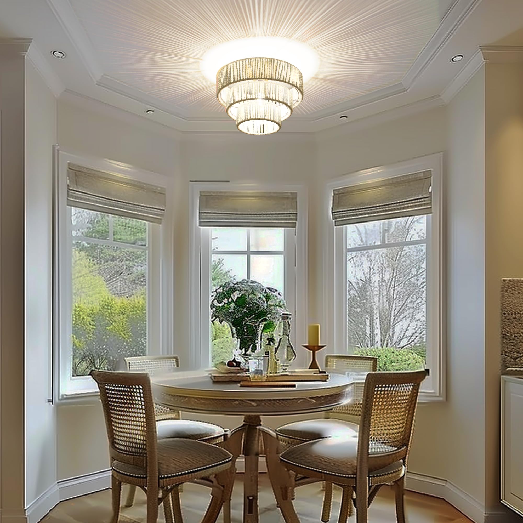 LigeroLuz Rattan Ceiling Light Fixture, Boho Design, LED Variable Bulb, 12.4in-Style B, White, Model CL-02