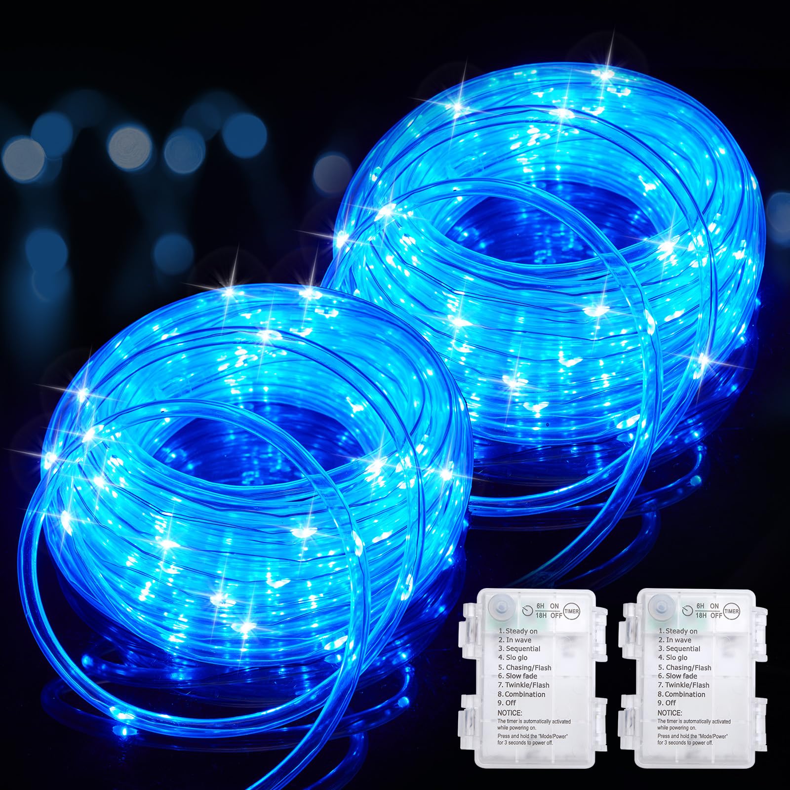Minetom 2 Pack Battery Operated Christmas Lights Outdoor, Total 80FT 200 LED Outdoor Rope Lights Battery Operated, Fairy Lights with Timer 8 Mode, String Lights for Outdoor Bedroom Indoor, Blue