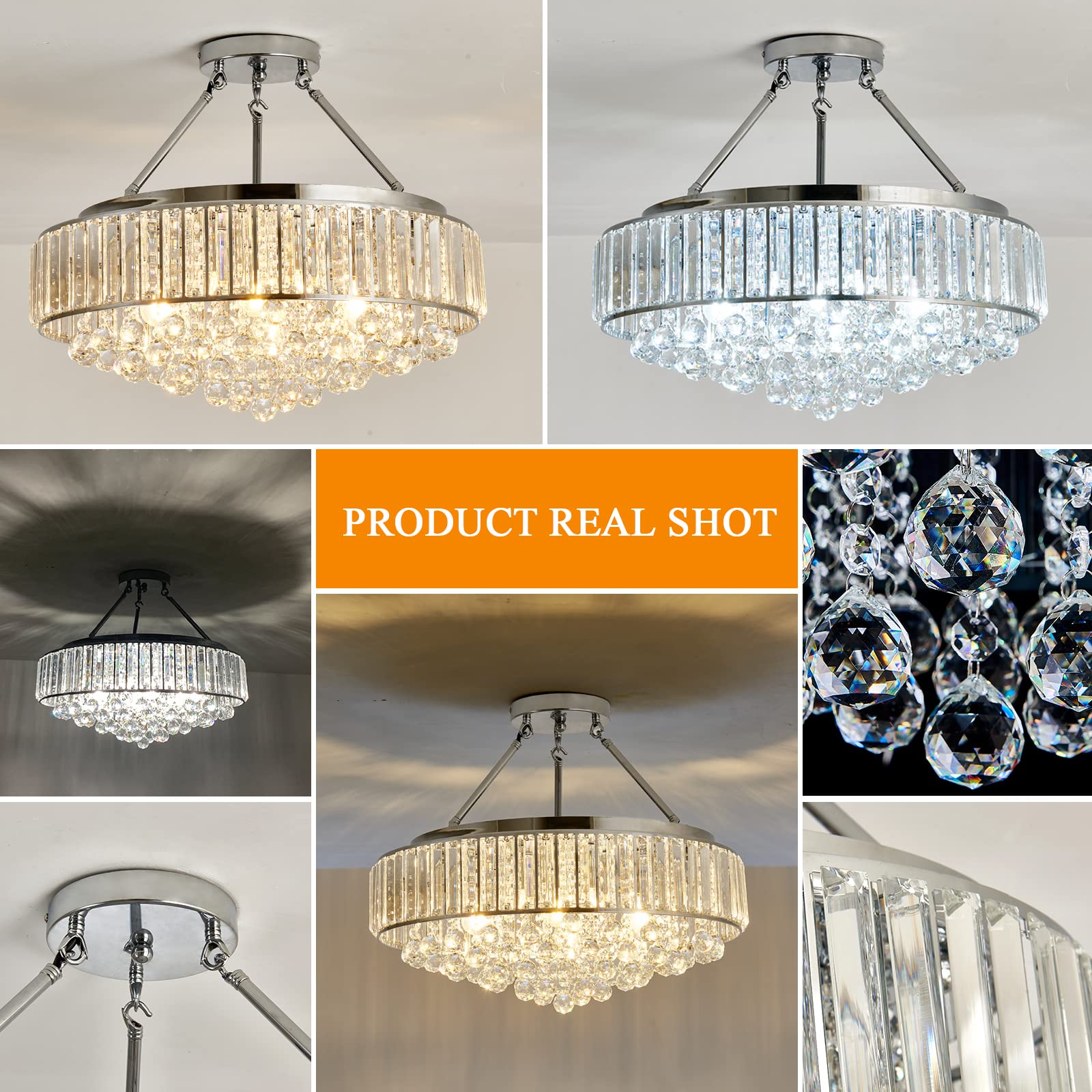 Yyjlx 6-Light Modern Round Crystal Chandelier, Chrome Semi Flush Mount Ceiling Light, Silver