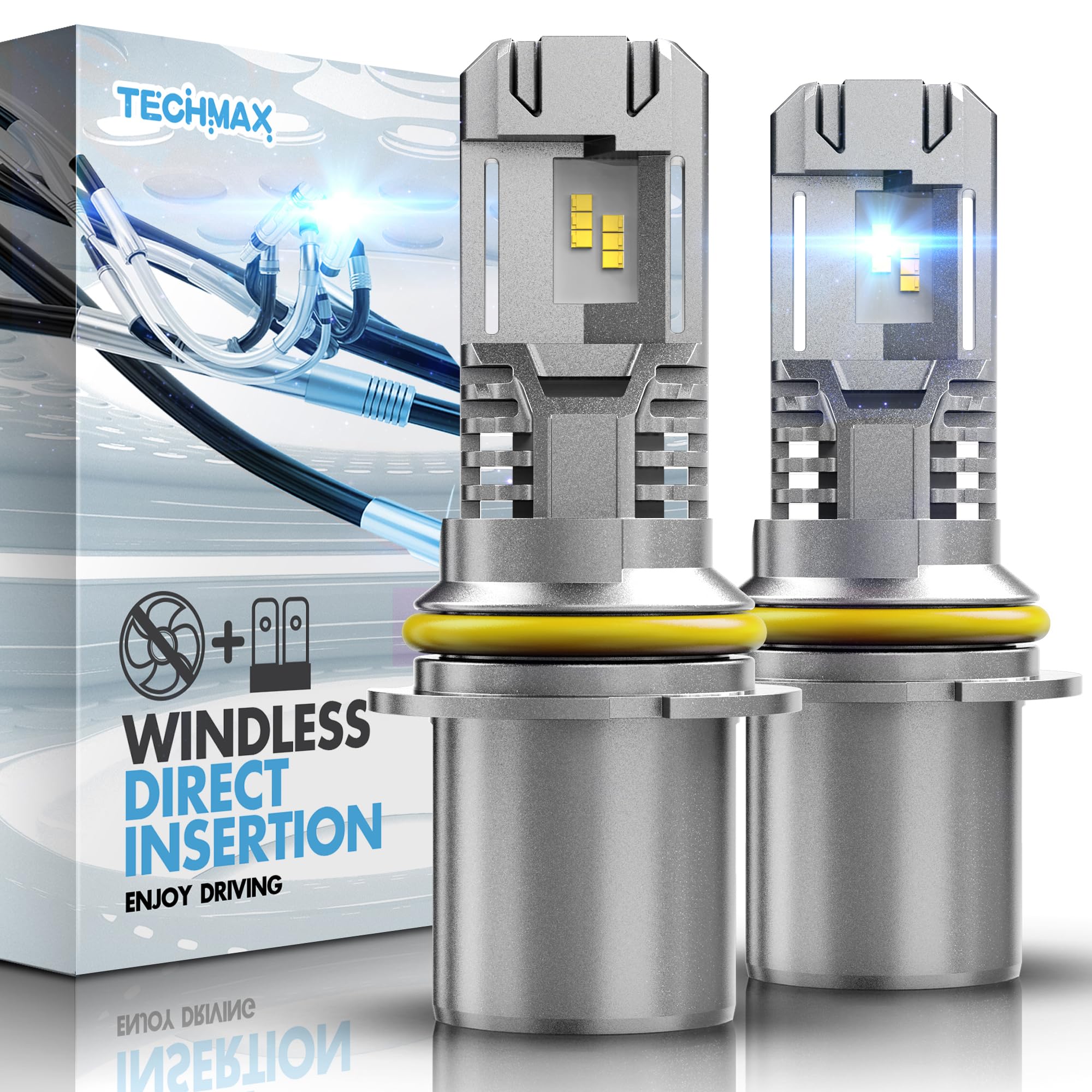 TECHMAX 9007 Fog Light Bulbs, 400% Brighter, 6500K, Fanless, Pack of 2, Gray, Aluminum
