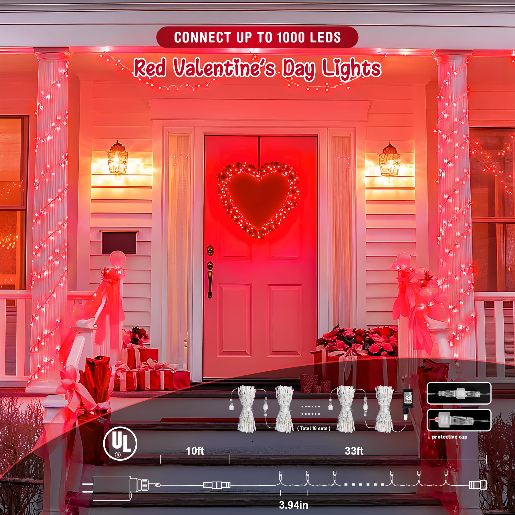 Jmexsuss 2 Pack 100 Led Red Valentine Lights, 33Ft Red Christmas Lights Indoor With 8 Modes, Connectable Clear Wire Red String Lights Outdoor Waterproof For Valentine'S Day Bedroom Decorations