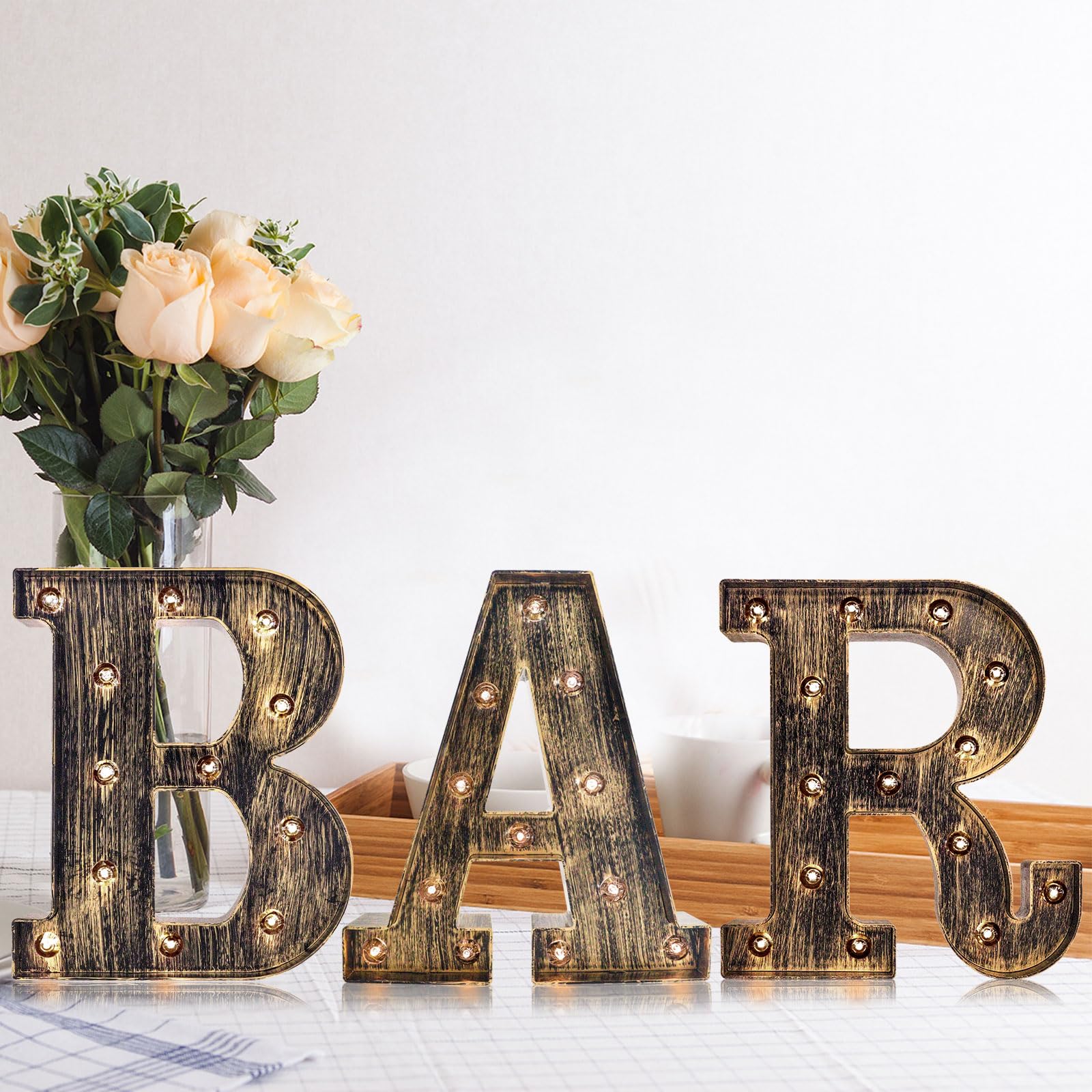 OYCBUZO LED Vintage Light Up BAR Sign - Battery Operated, Illuminated Marquee Letters - Golden Black, Model MHH077