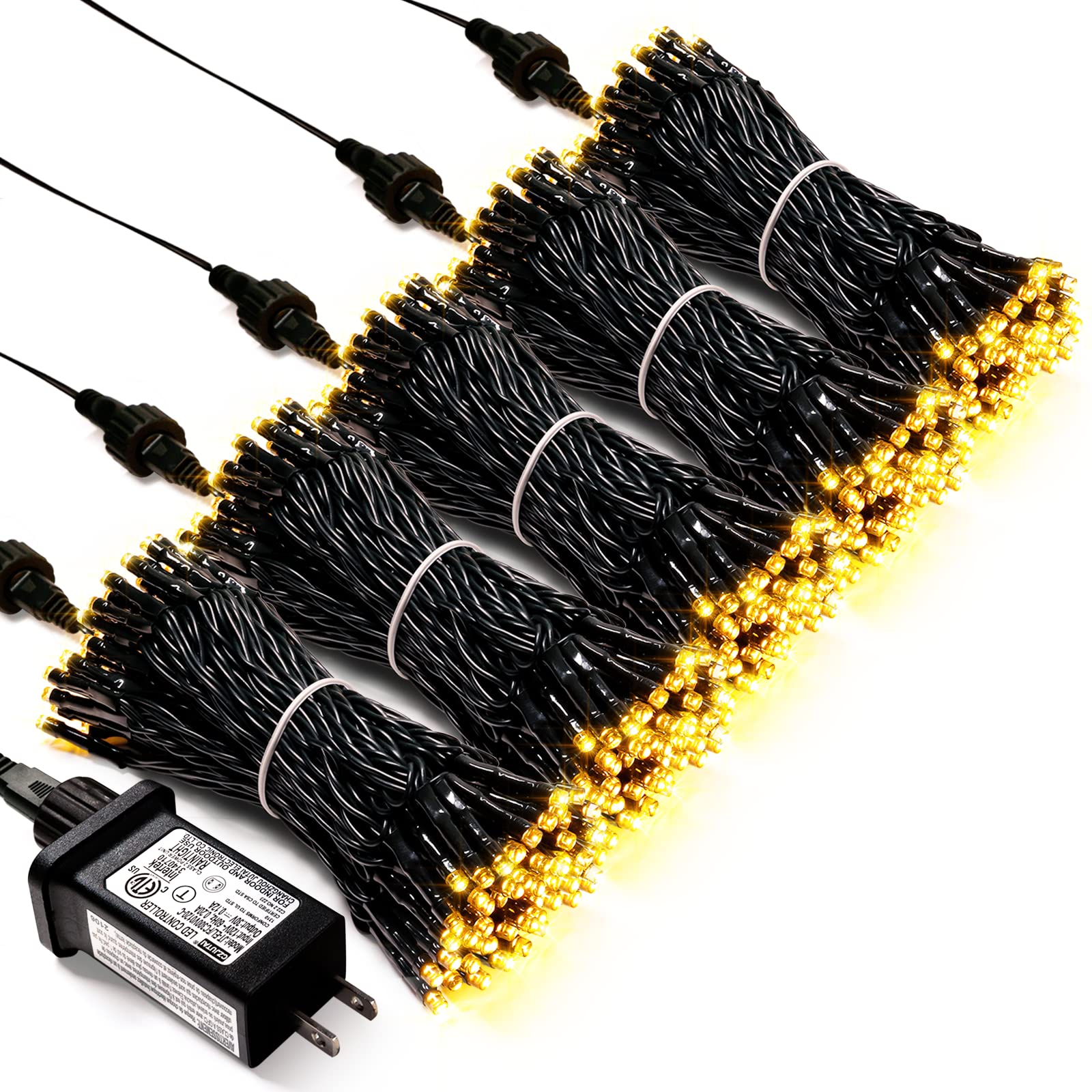 JMEXSUSS 500 LED Warm White Christmas Lights, Waterproof Green Wire, 8 Modes, Indoor/Outdoor, Model EXS-S-0500