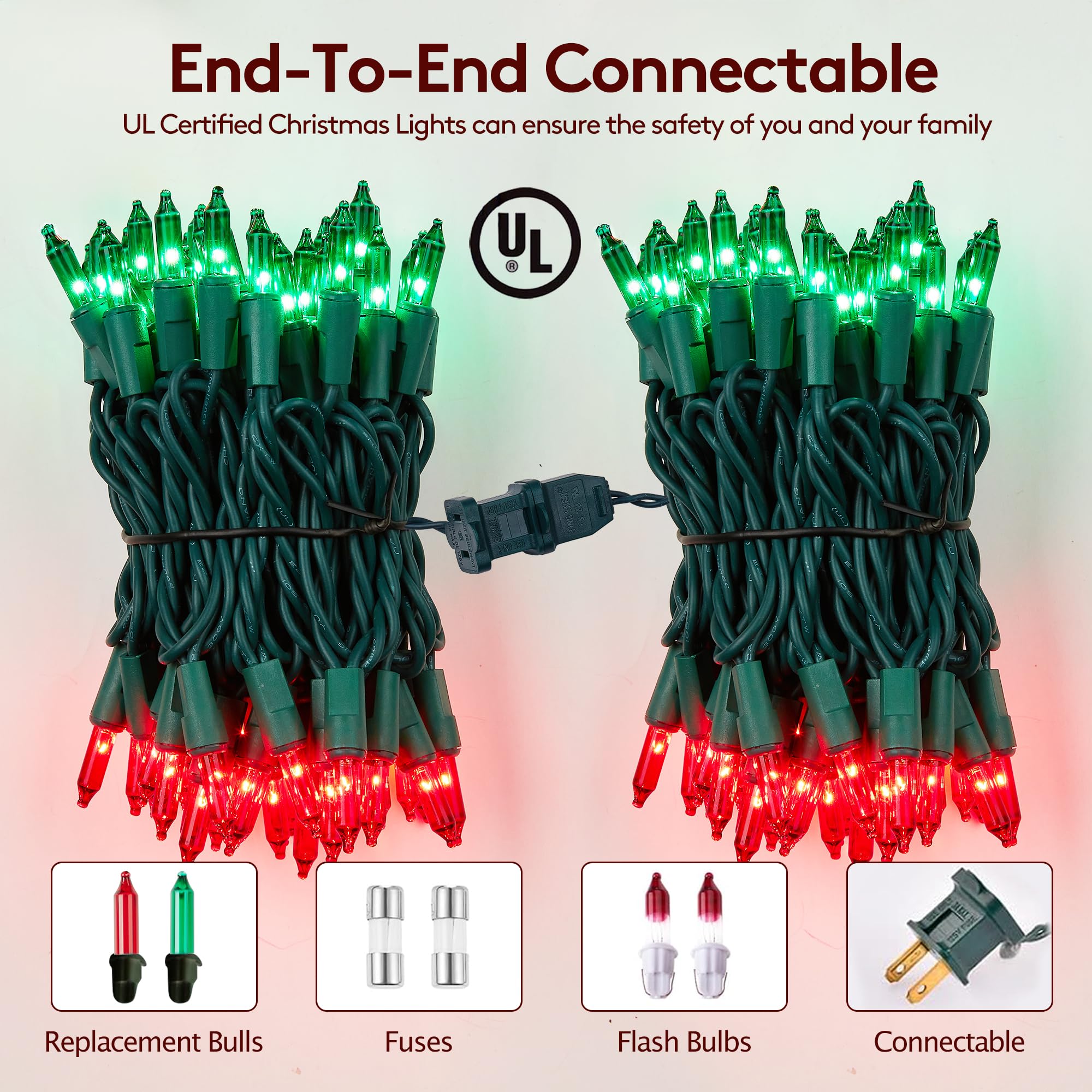 Dirnun Red And Green Christmas Lights 100 Count Incandescent Lights Ul Certified Connectable Christmas Tree Lights With Green Wires For Indoor Outdoor Xmas, Wedding, Holiday, Party, Home Decorations