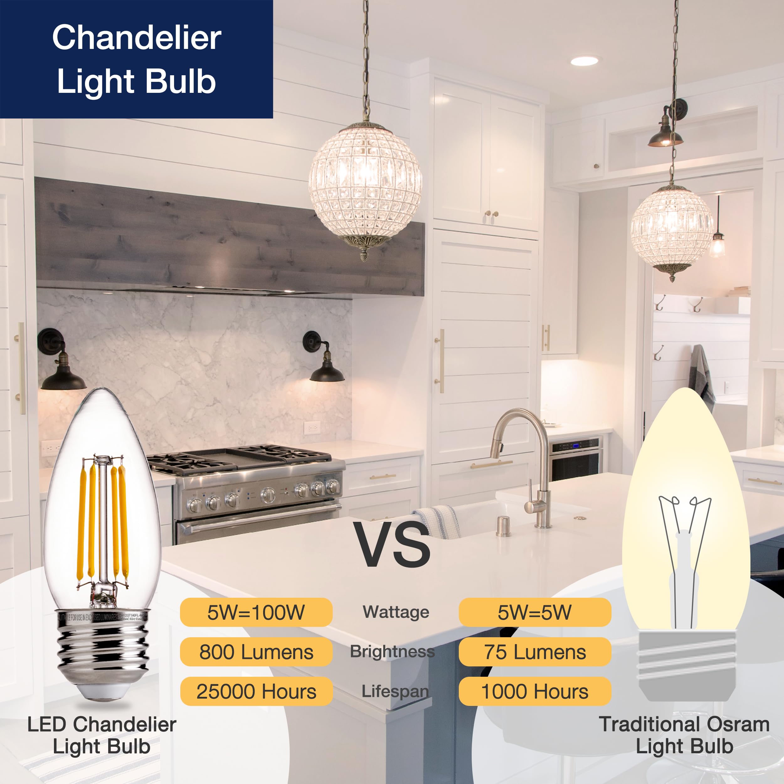 Flsnt 100W Equivalent Led Candelabra Bulbs, 800Lm Dimmable Led Chandelier Light Bulbs, 2700K Soft White, E26 Base, 12 Pack