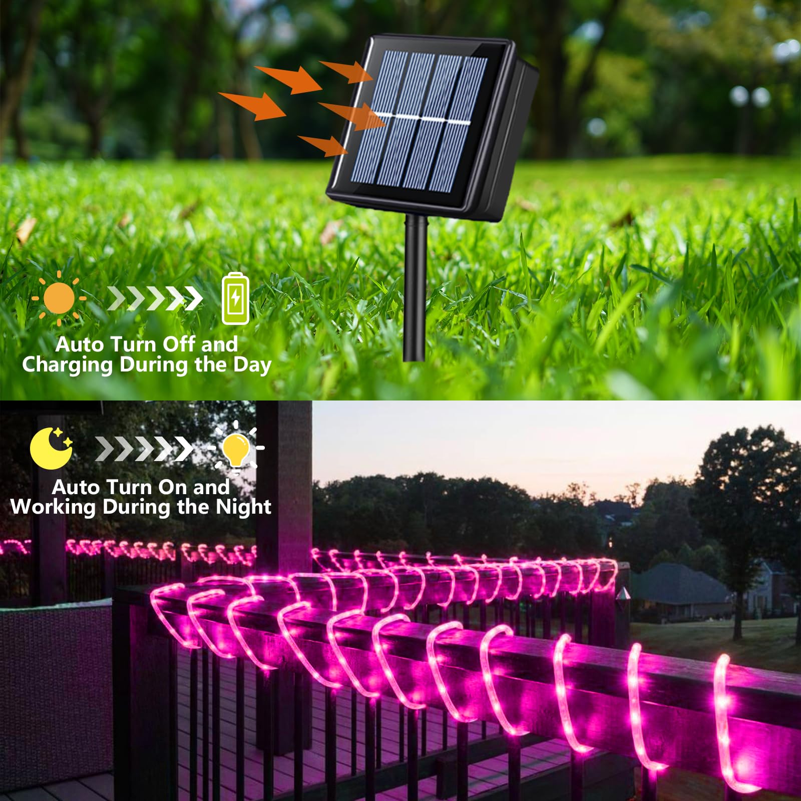 Yeguo 66Ft 200 Led Solar Rope Lights Outdoor Waterproof, Pink String Lights For Outside, 8 Modes Fairy Lights In Clear Thin Tube