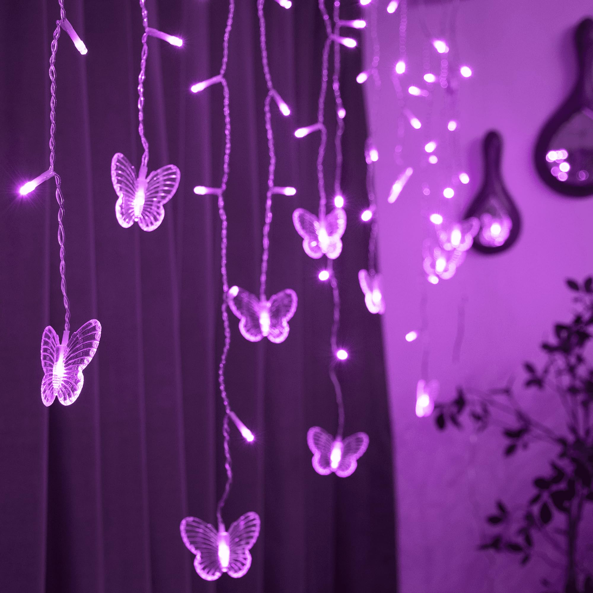 Yolight Butterfly Curtain Lights 13Ft 96 Led Fairy Lights 8 Modes String Lights With Remote, Butterfly Hanging Decoration For Girls Room Bedroom Wall Ceiling Party Wedding Holiday Christmas (Purple)