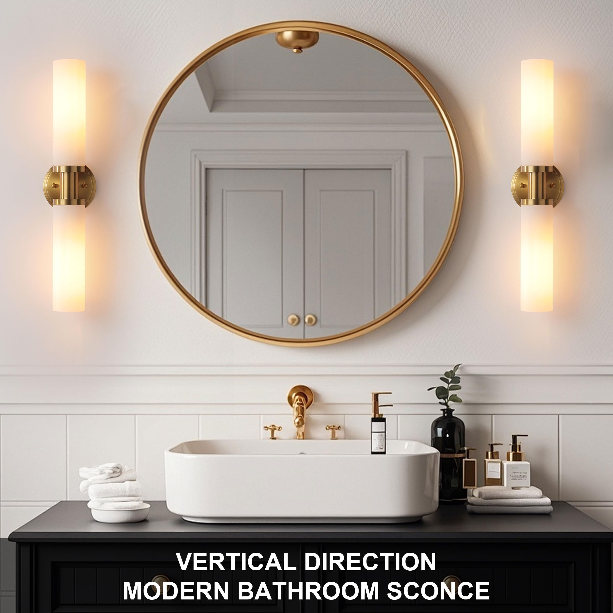 KUZZULL Wall Sconces Set of 2, Brass Gold Modern Lighting with White Glass for Bathroom, Living Room, Hallway, Bedroom