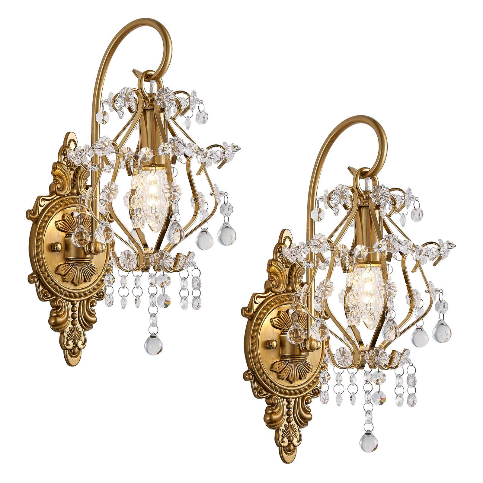 Fetason 2 Pack Hardwired Gold Wall Sconces Wall Lighting, Vintage Crystal Wall Light Fixture, Wall Mounted Lamp For Bedroom Living Room, Bathroom Vanity Light Fixture E12 Led Bulb
