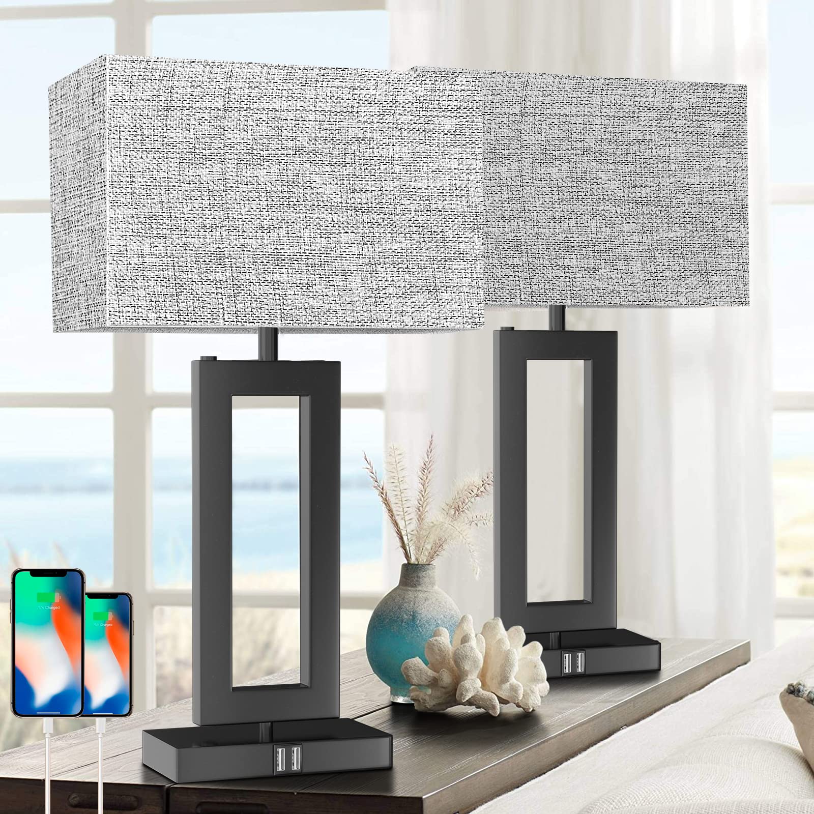 Momyofdy 22 Tall Set Of 2 Touch Control Table Lamp W. 2 Usb Ports, 3-Way Dimmable Modern Bedroom Bedside Touch Lamps W. Fabric G